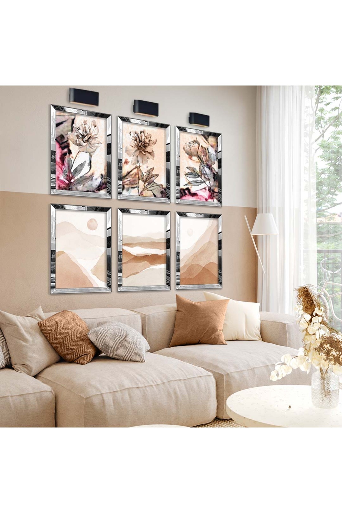 Kolaj Çizim Ve Çiçek Görsel 6'Lı Pleksi Kenar Solmaz MDF Tablo Seti