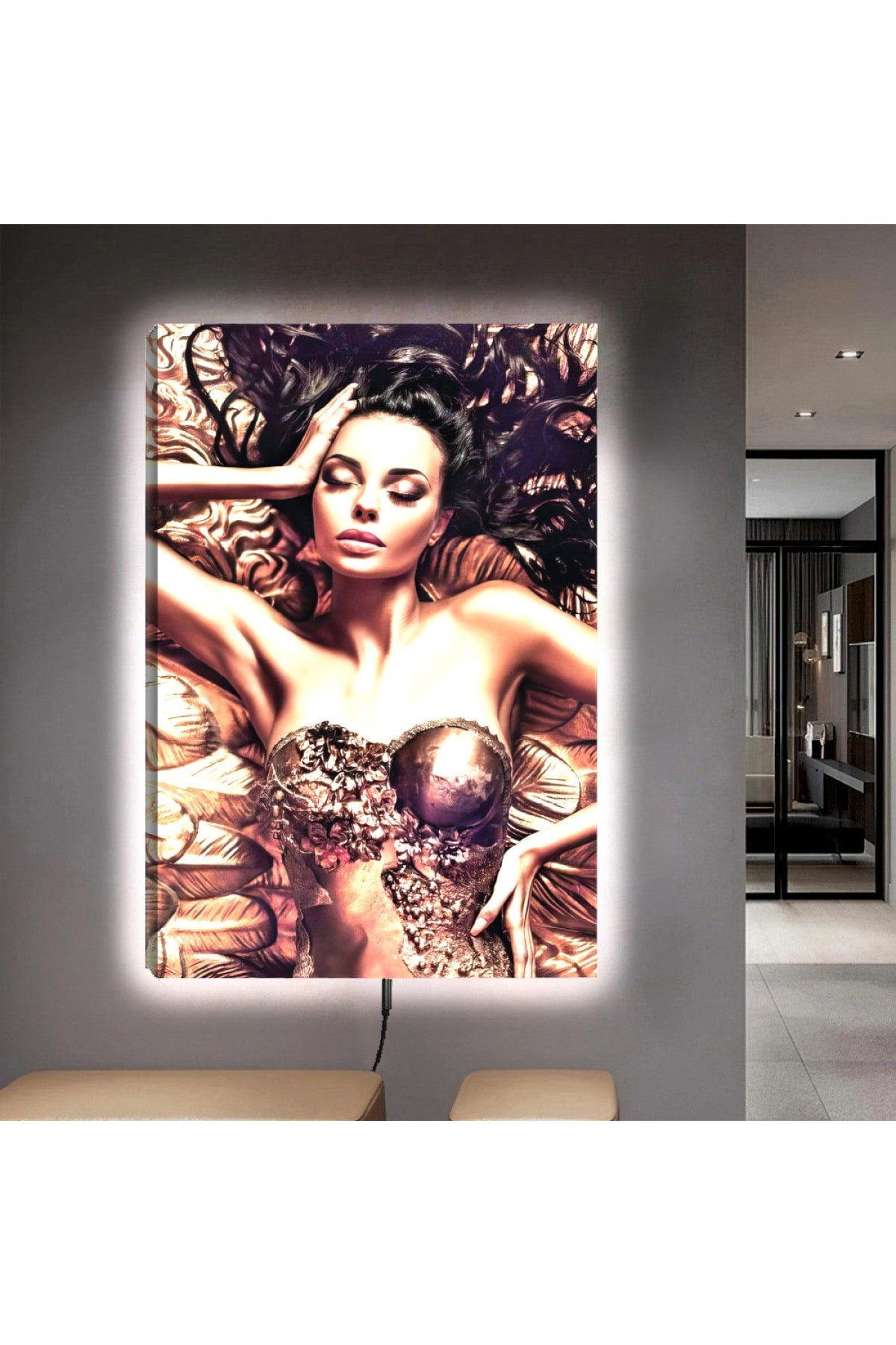 Ledli Genç Kadın Ahşap Şase Dijital Baskı Kanvas Tablo 90X60Cm