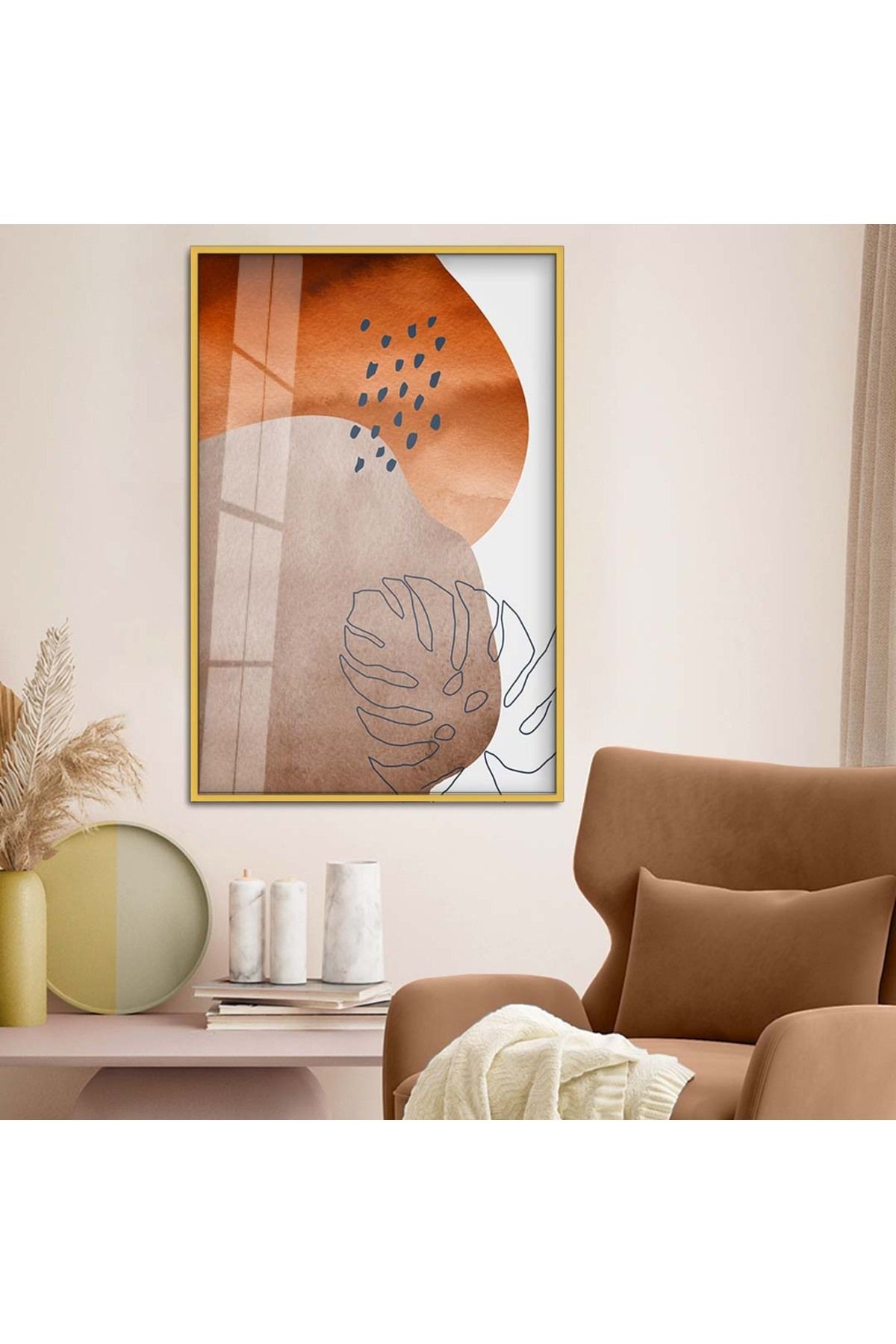 Gold Metal Çerçeveli Modern Çizim Soyut Tema Kırılmaz Cam Tablo