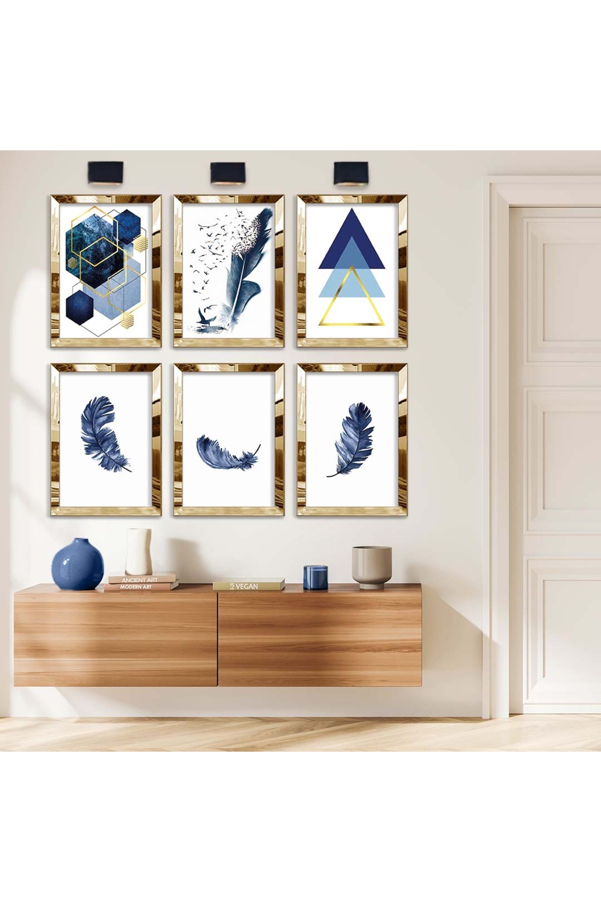 Mavi Tüy Ve Geometrik Desen 6'Lı Pleksi Kenar Solmaz MDF Tablo Seti