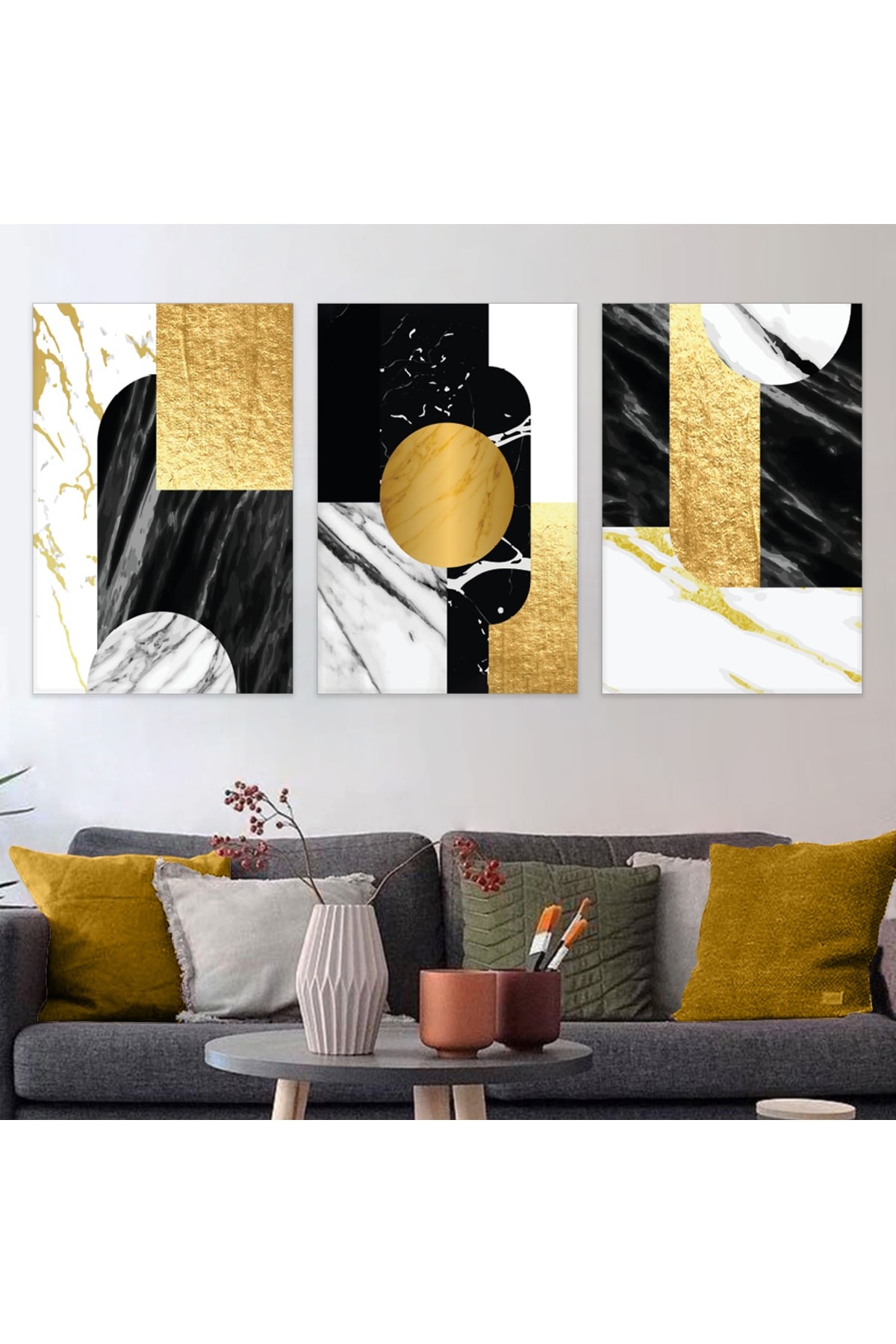 Modern Tablo Soyut Desen 3'Lü Ahşap Şase Dijital Baskı Kanvas Tablo