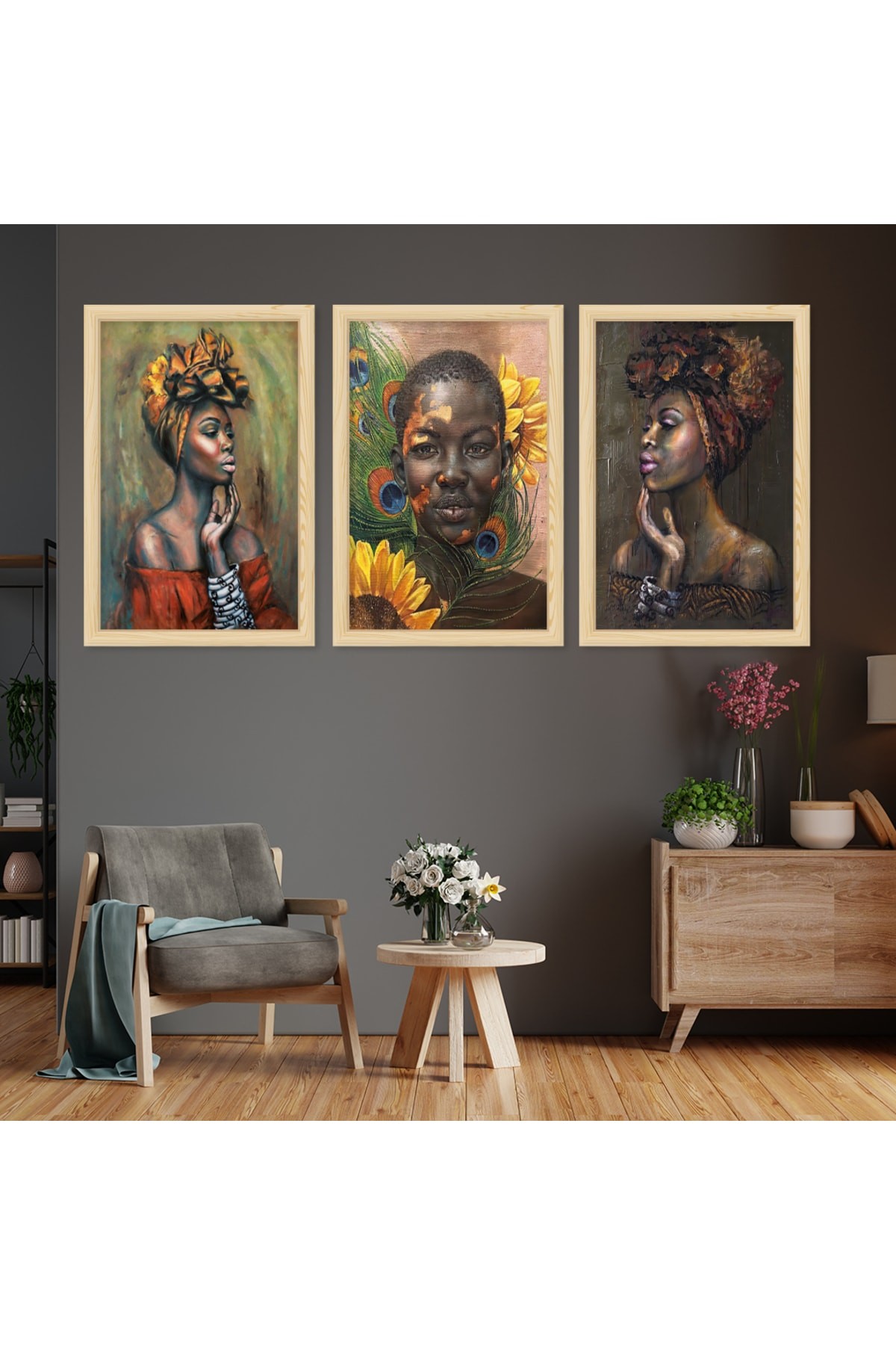 Renkli Ahşap Çerçeveli Afrikalı Kızlar Tablo