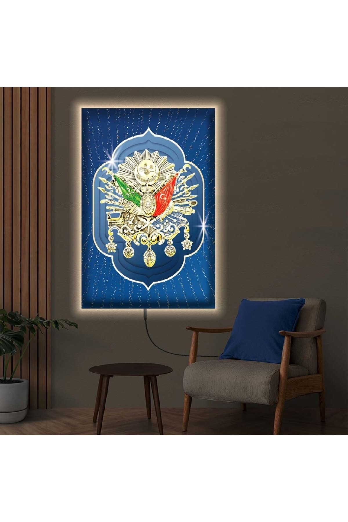 Ledli Osmanlı Tuğrası Ahşap Şase Dijital Baskı Kanvas Tablo 50X70Cm