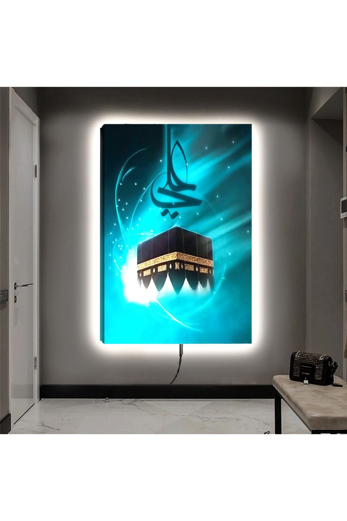 Kanvas Mavi Ve Siyah Arka Planlı Kabe Ledli Tablo