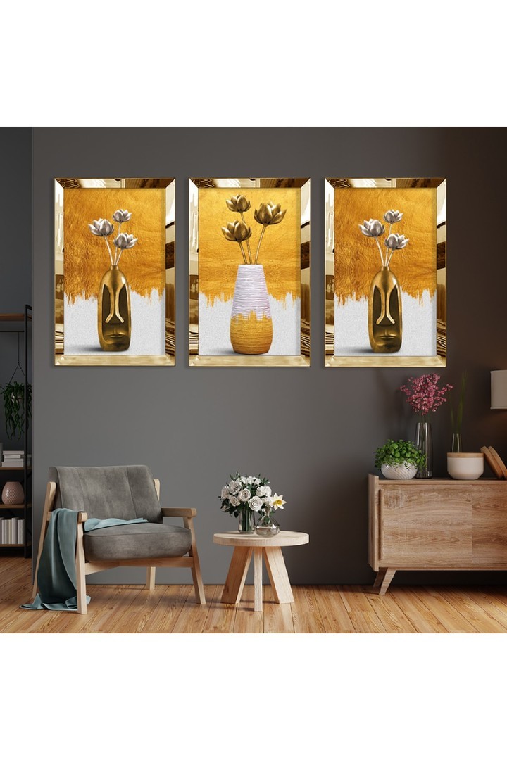 Vazolu Çiçek Soyut Desen Gold Pleksi Kenar 3'Lü Solmaz MDF Tablo