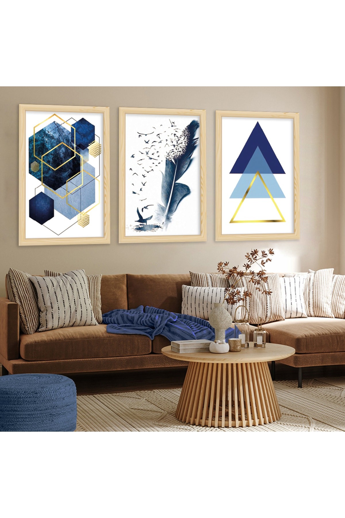 Ahşap Çerçeveli Mavi Şekiller Modern Tablo