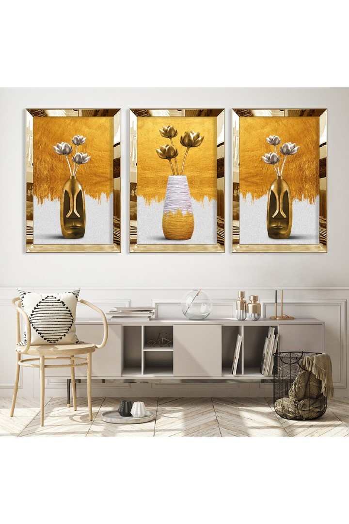 Vazolu Çiçek Soyut Desen Gold Pleksi Kenar 3'Lü Solmaz MDF Tablo