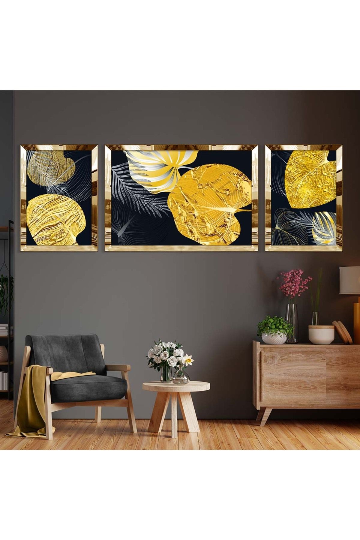 Gold Aynalı Pleksi Çerçeveli Üçlü Siyah Arka Planlı Gold Ve Gümüş Desenli Üçlü Mdf Tablo Seti