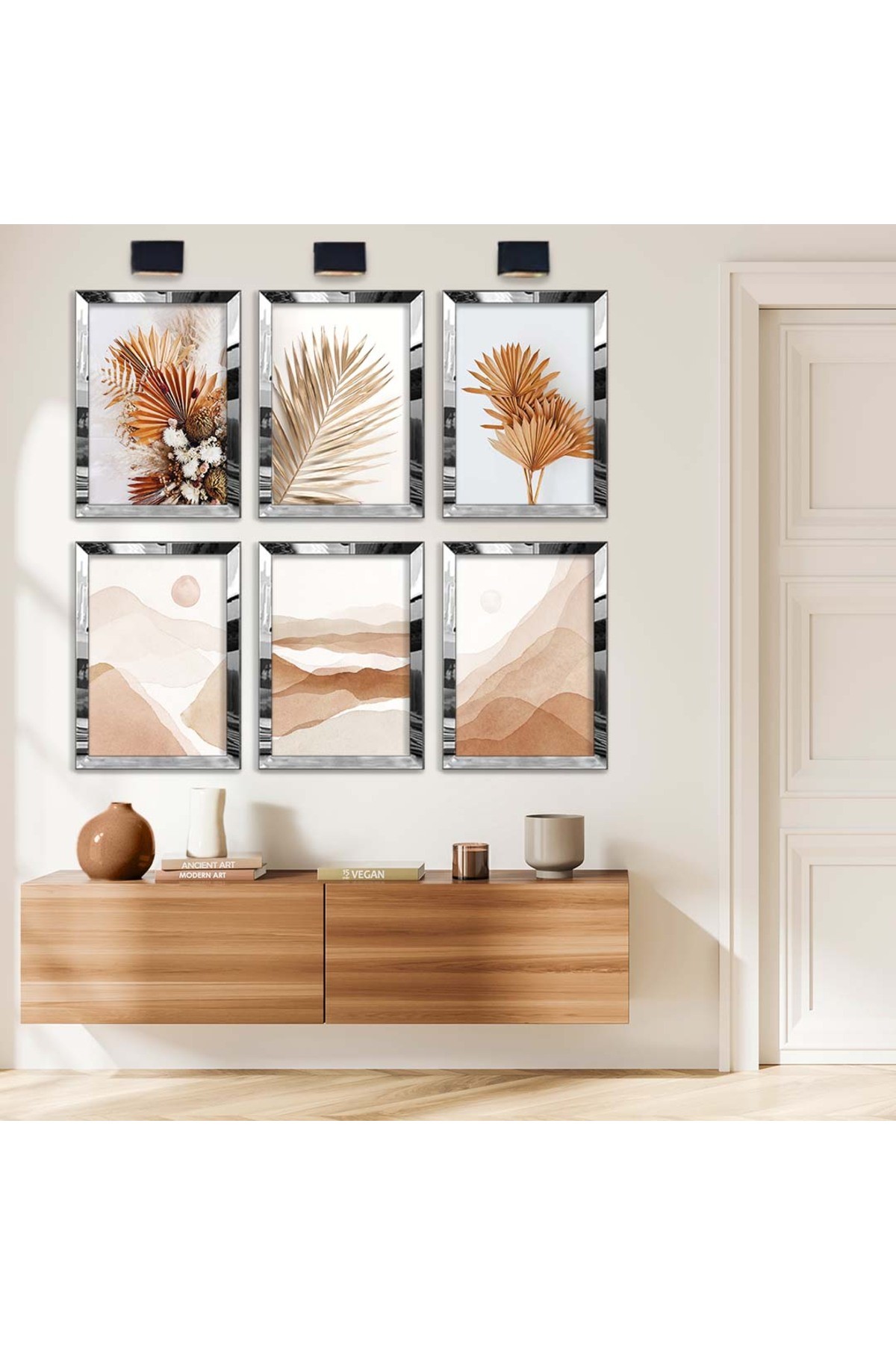 Kolaj Çizim Ve Yaprak Desen 6'Lı Pleksi Kenar Solmaz MDF Tablo Seti