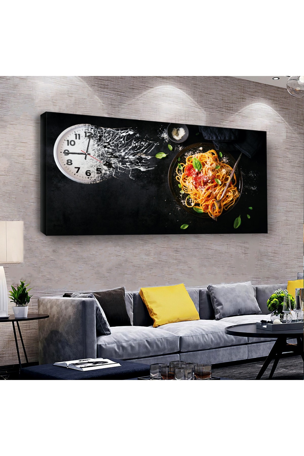 KANVAS SİYAH ARKA PLANLI SPAGETTİ SAATLİ TABLO