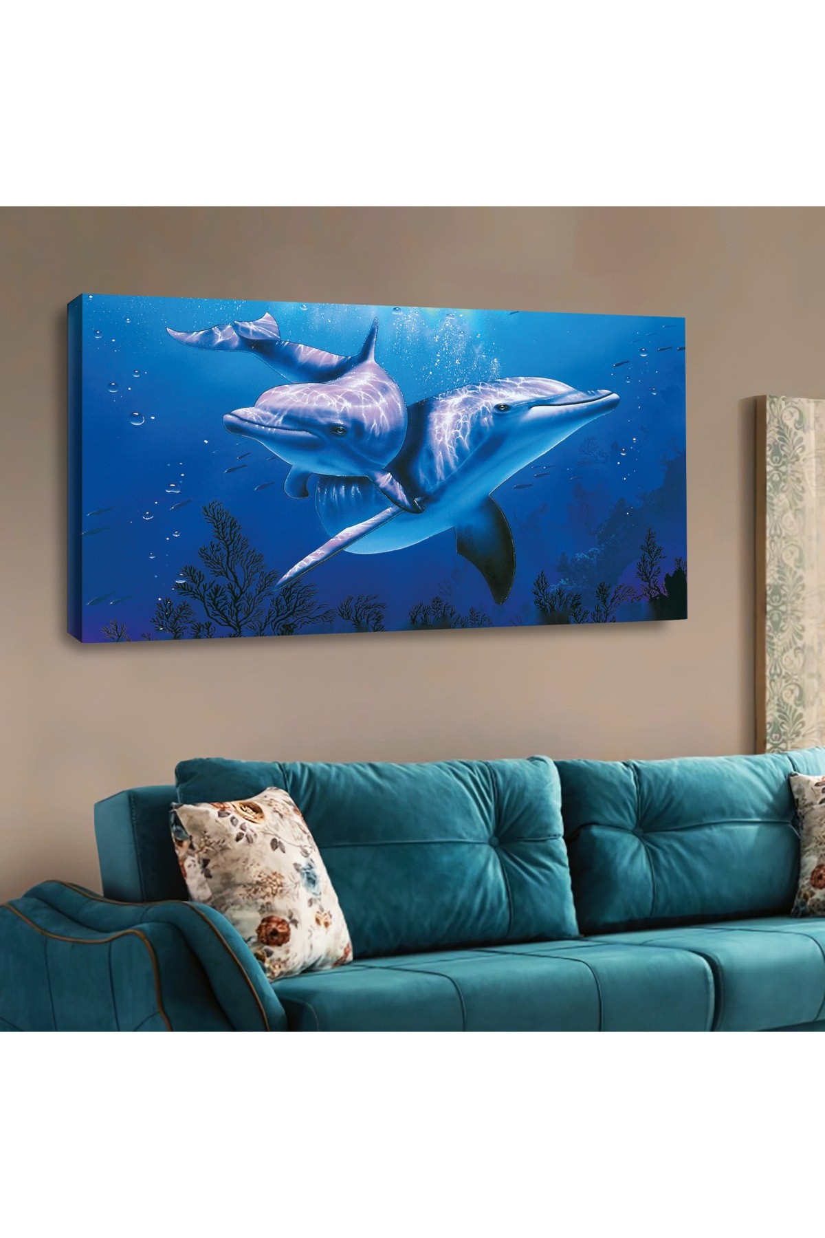 Ahşap Şase Dijital Baskı Kanvas Su Altı Yunuslar Tablosu 120X60Cm