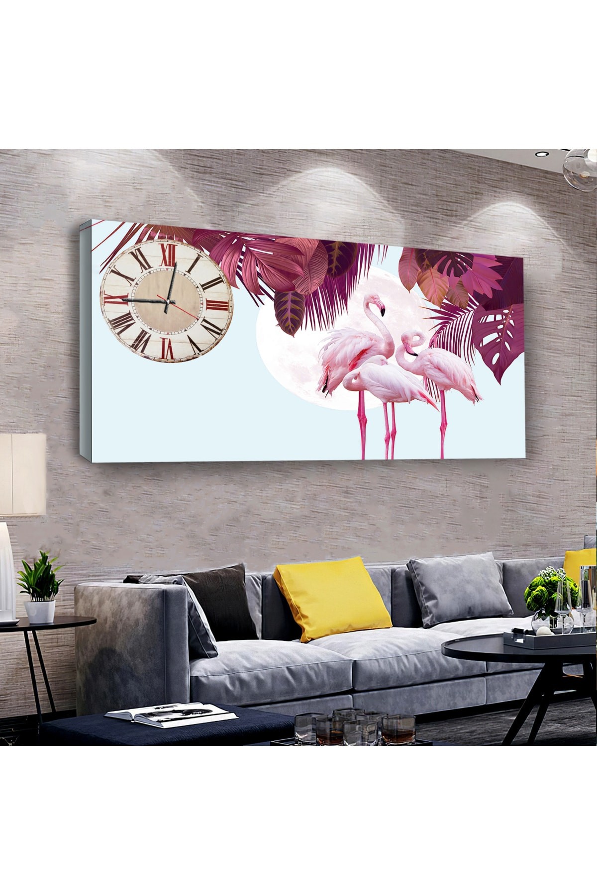 Flamingo saatliAhşap Şase Dijital Baskı Kanvas Tablo 120X60Cm