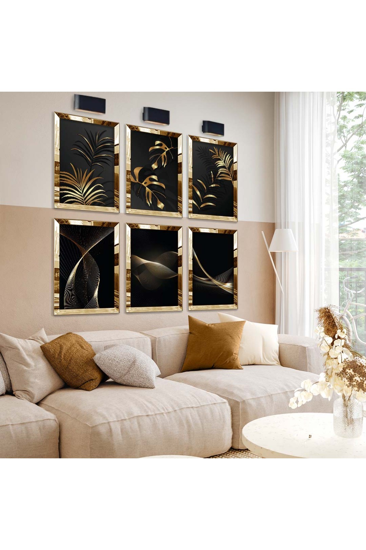 Gold Yaprak Ve Soyut Tema 6'Lı Pleksi Kenar Solmaz MDF Tablo Seti
