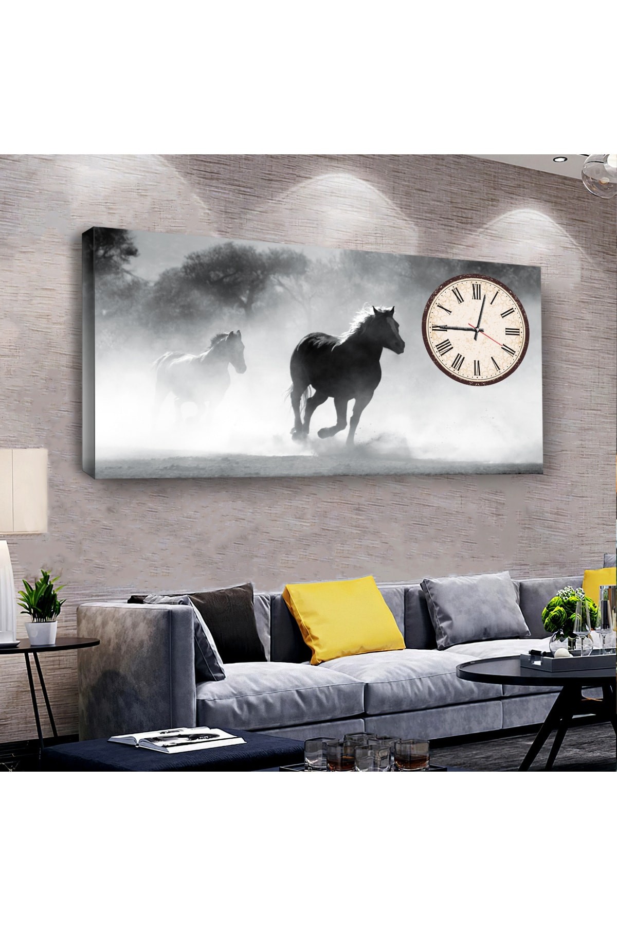 Siyah At saatliAhşap Şase Dijital Baskı Kanvas Tablo 120X60Cm