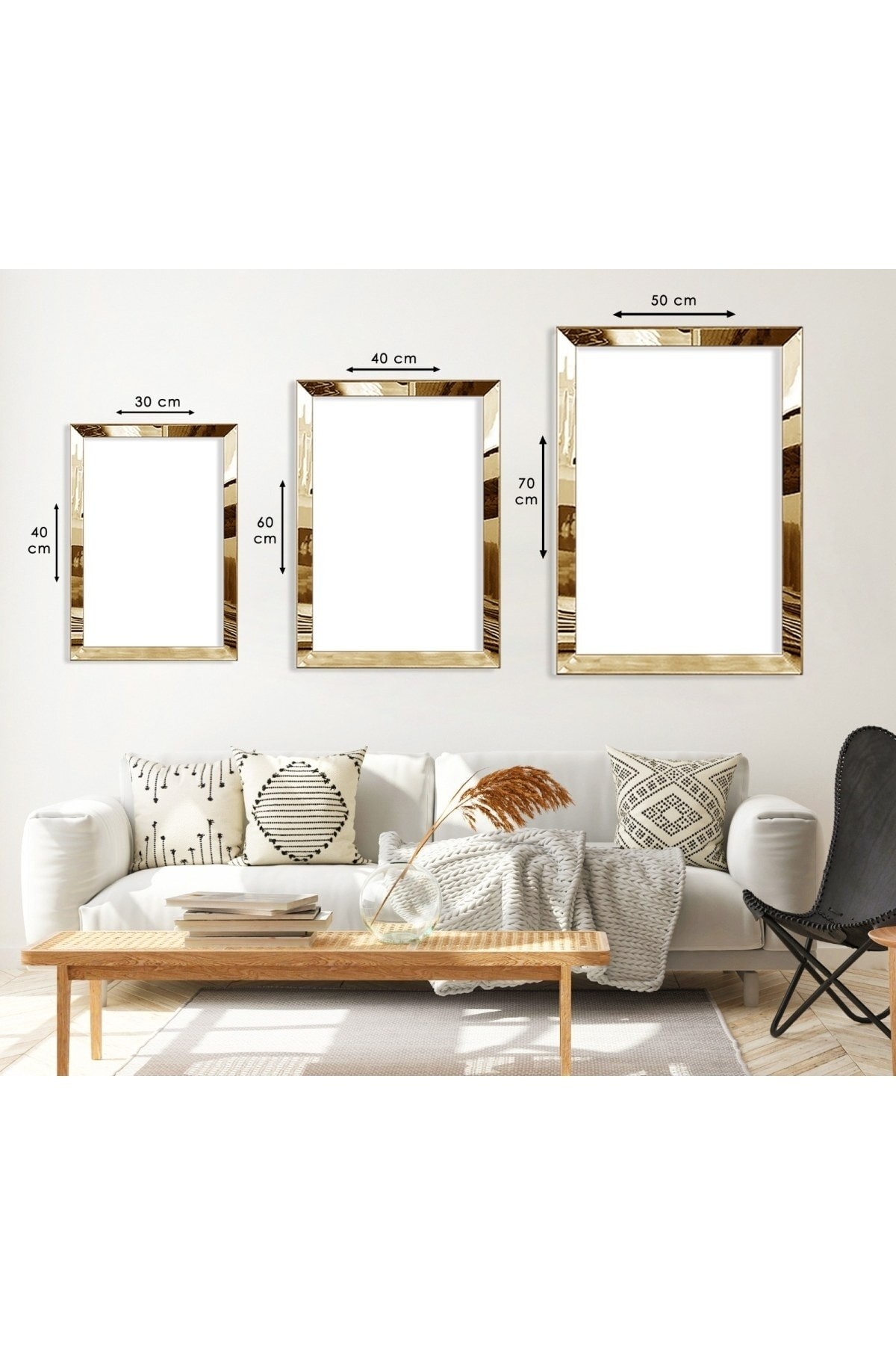 Modern Tablo Şekiller Soyut Desen Gold Pleksi Kenar 3'Lü Solmaz MDF Tablo