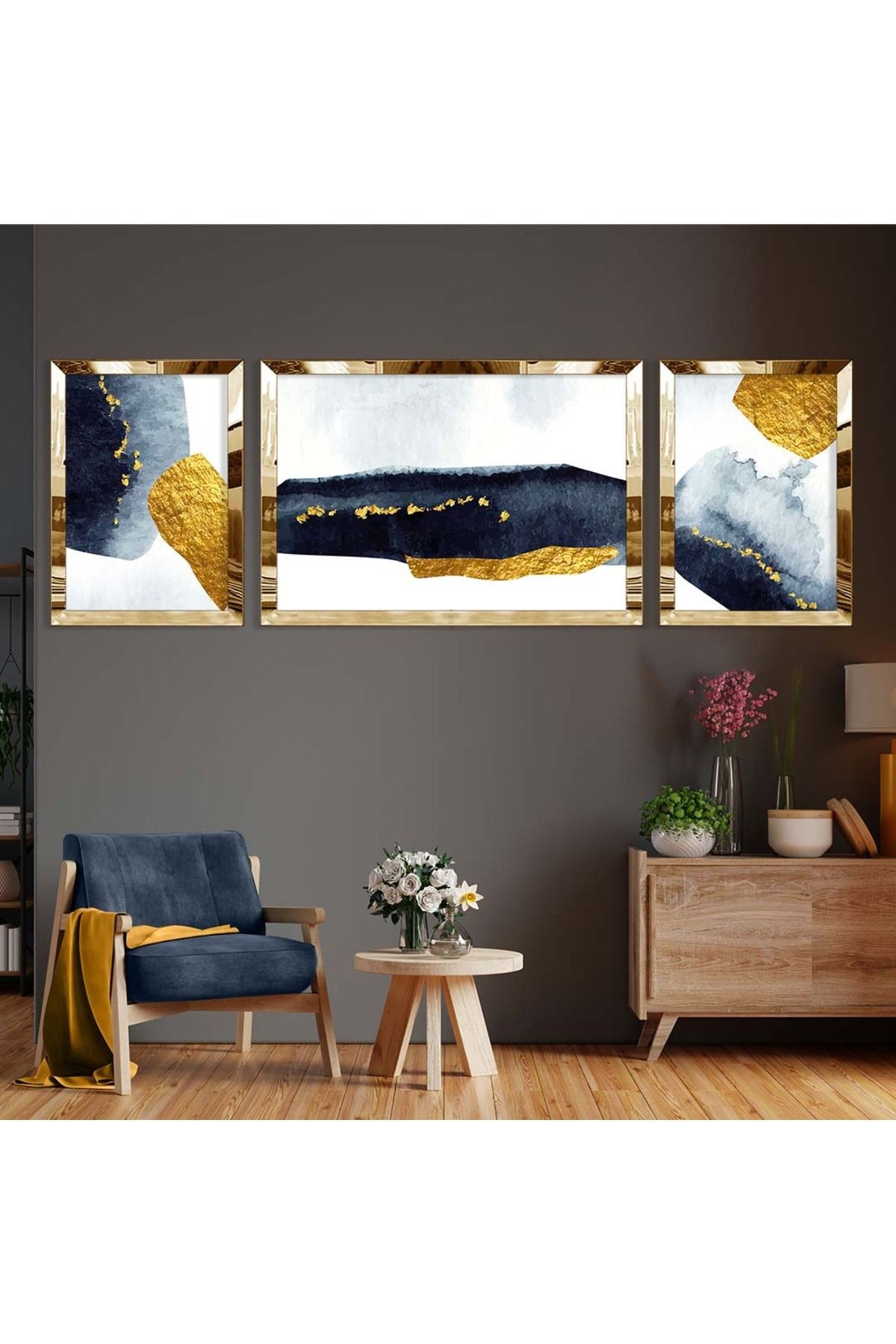 Gold Aynalı Pleksi Çerçeveli Üçlü Beyaz Arka Planlı Siyah Gold Desenli Mdf Tablo Seti