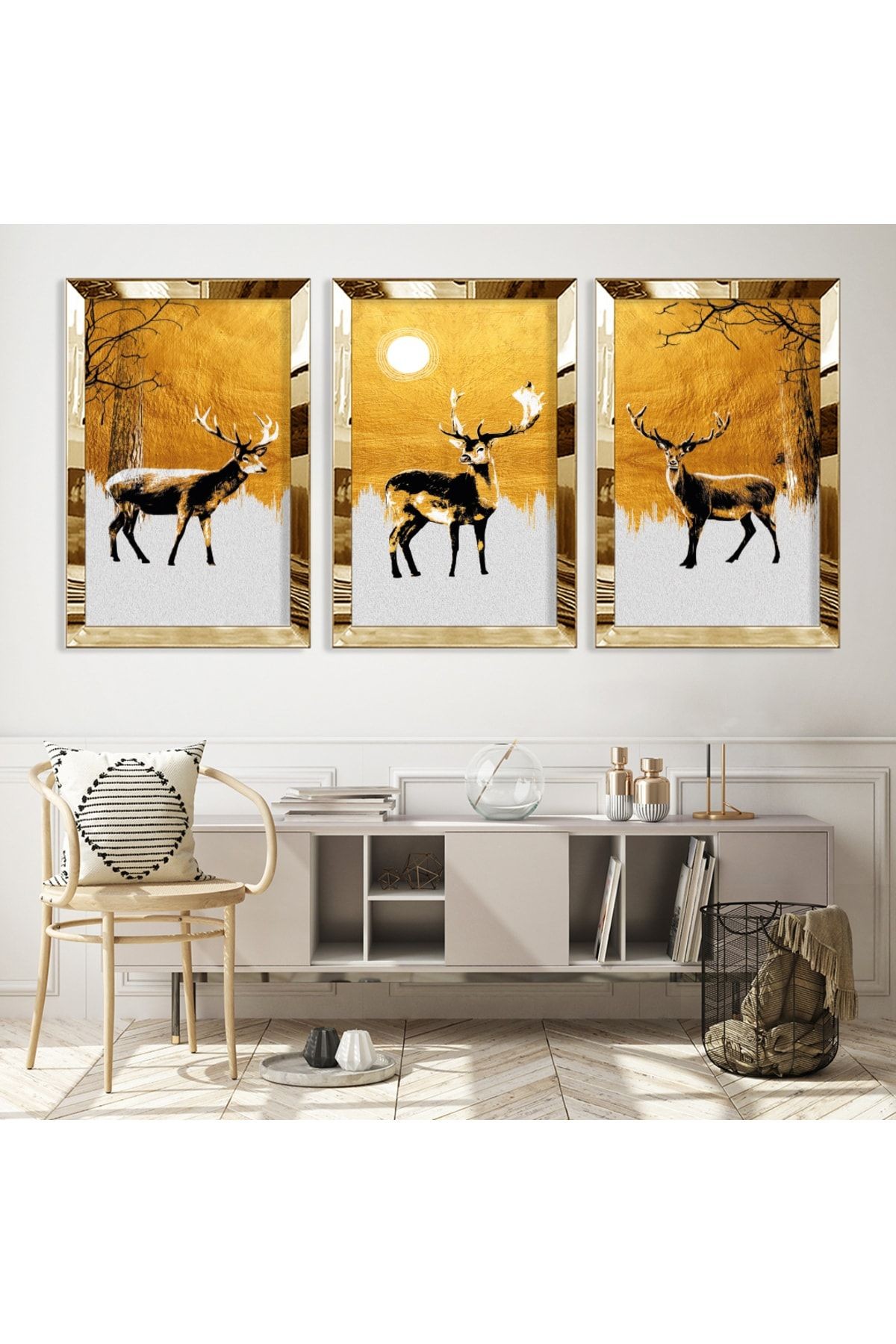 Geyik Soyut Desen Gold Pleksi Kenar Üçlü Mdf Tablo Seti
