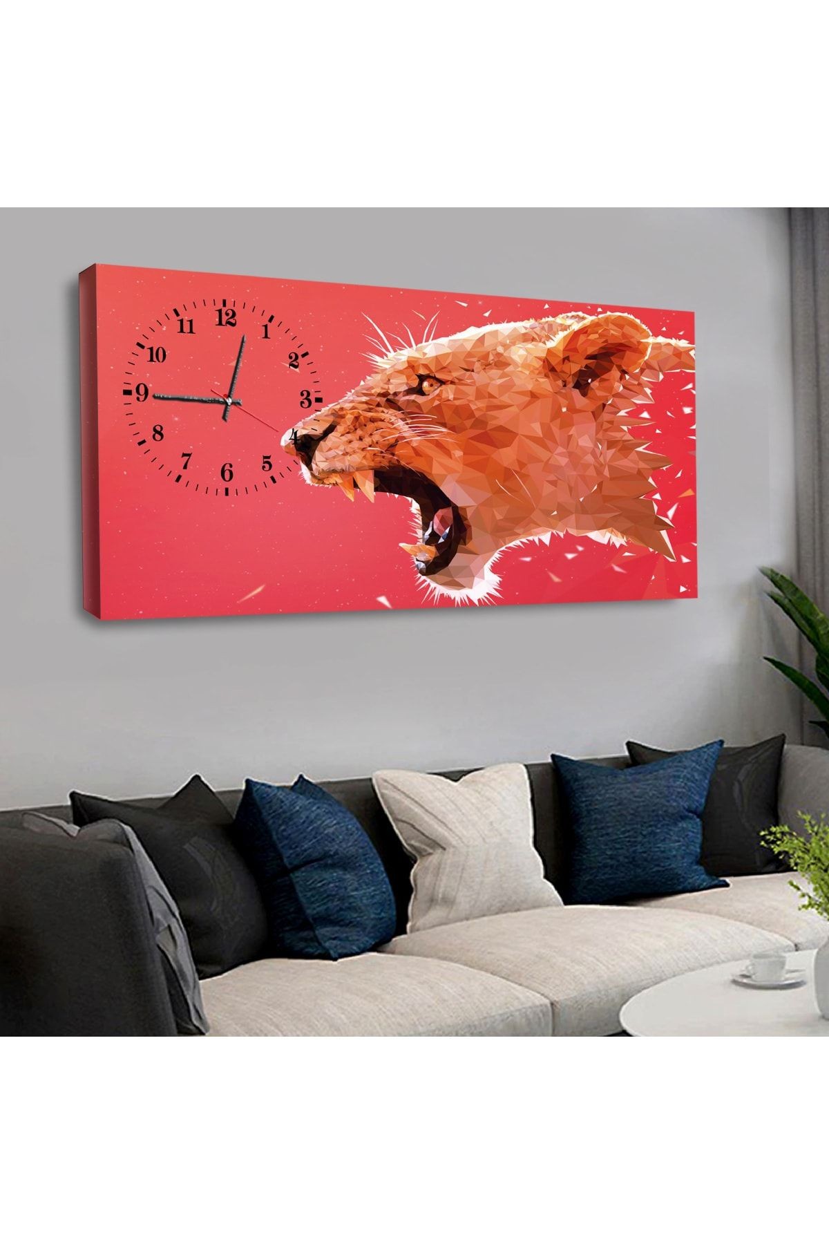 120x60 Saatli Ormanlar Kralı Aslan Kanvas Tablo