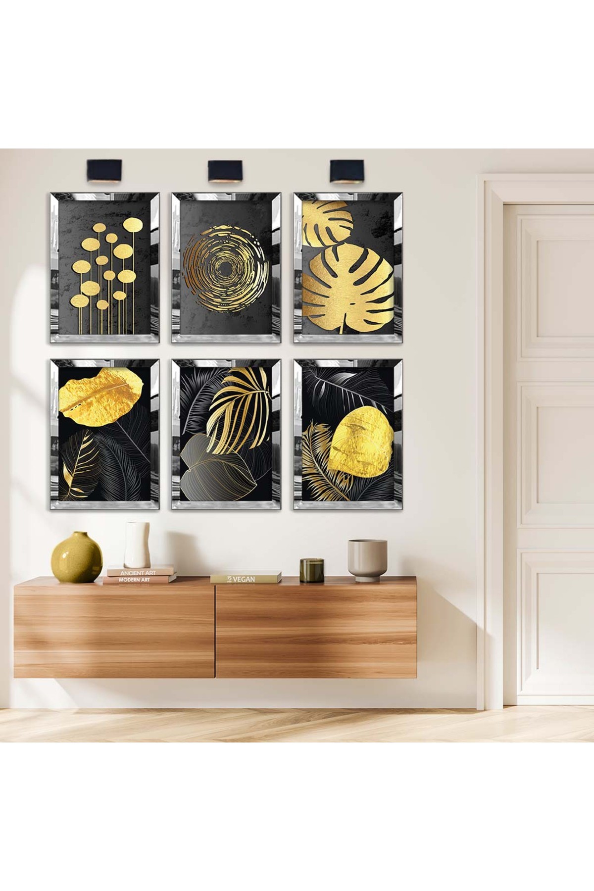 Gold Yaprak Ve Çiçek Desen 6'Lı Pleksi Kenar Solmaz MDF Tablo Seti
