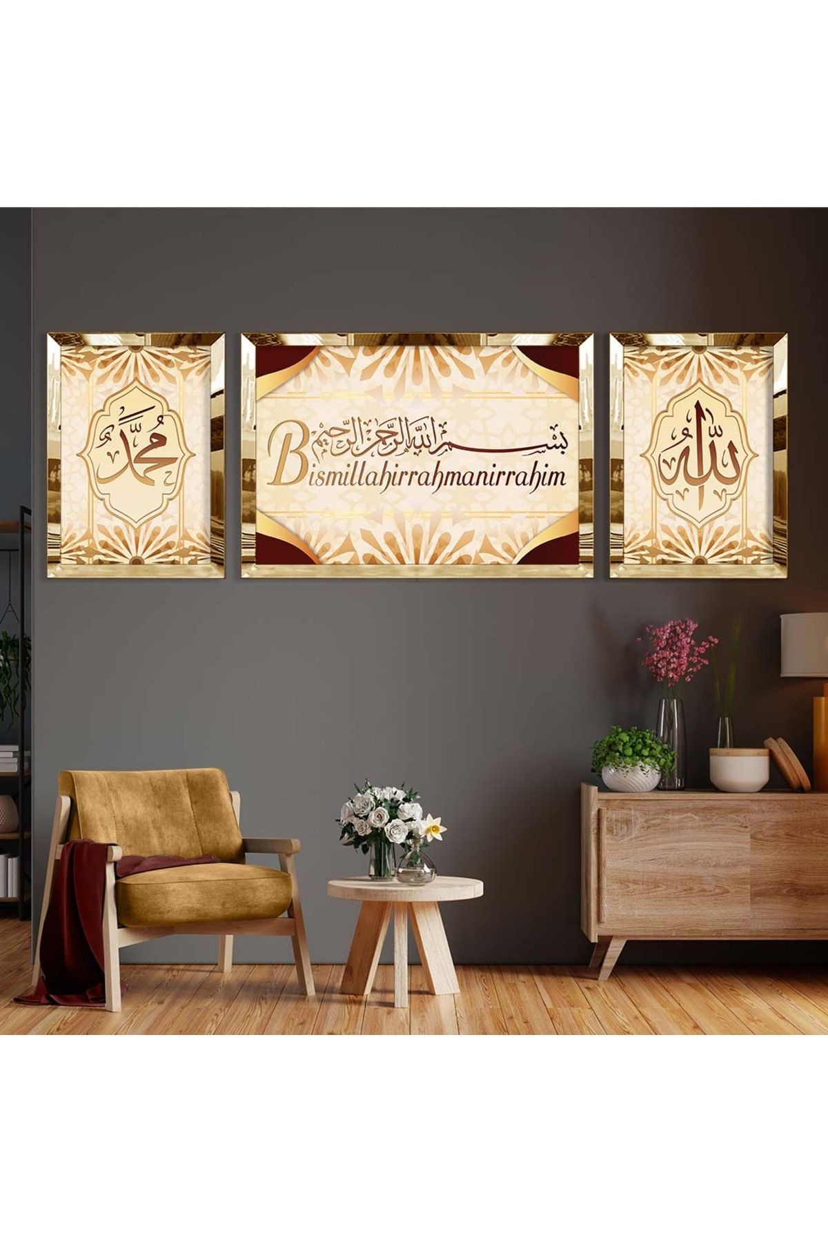 Gold Aynalı Pleksi Çerçeveli Üçlü Gold Arka Planlı Besmele Dini Model Mdf Tablo Seti