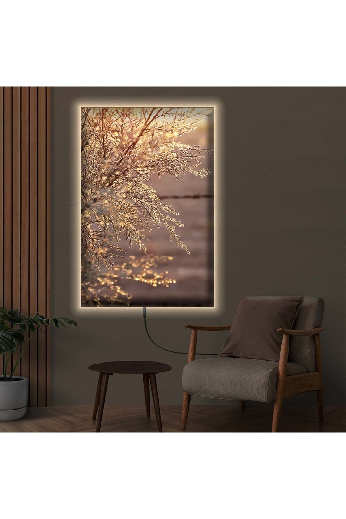 Ledli Ağaç Dalı Ahşap Şase Dijital Baskı Kanvas Tablo 70X100Cm