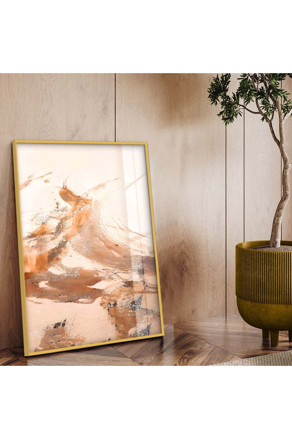 Gold Metal Çerçeveli Modern Çizim Soyut Tema Kırılmaz Cam Tablo