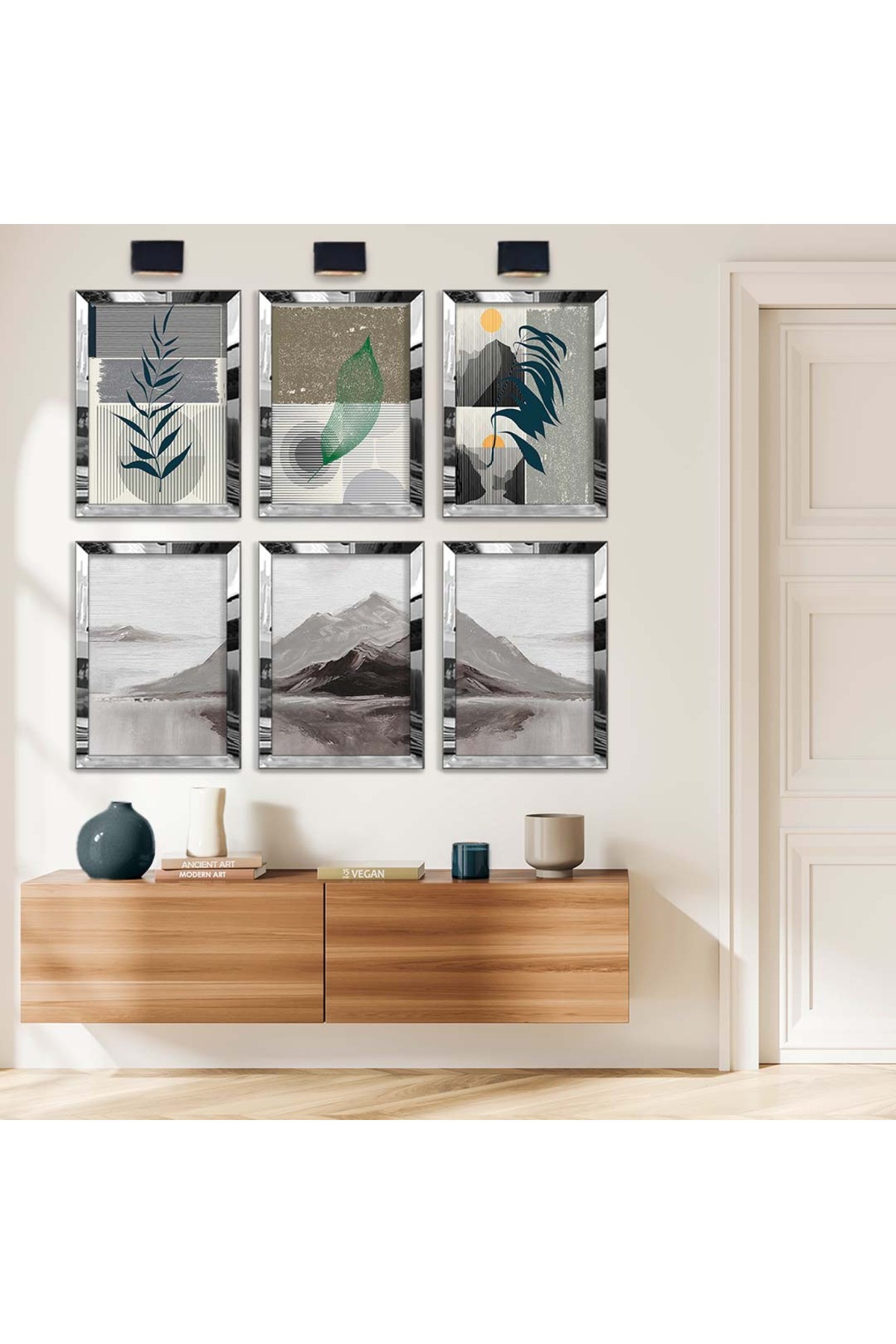 Modern Çizim Dağ Figür 6'Lı Pleksi Kenar Solmaz MDF Tablo Seti