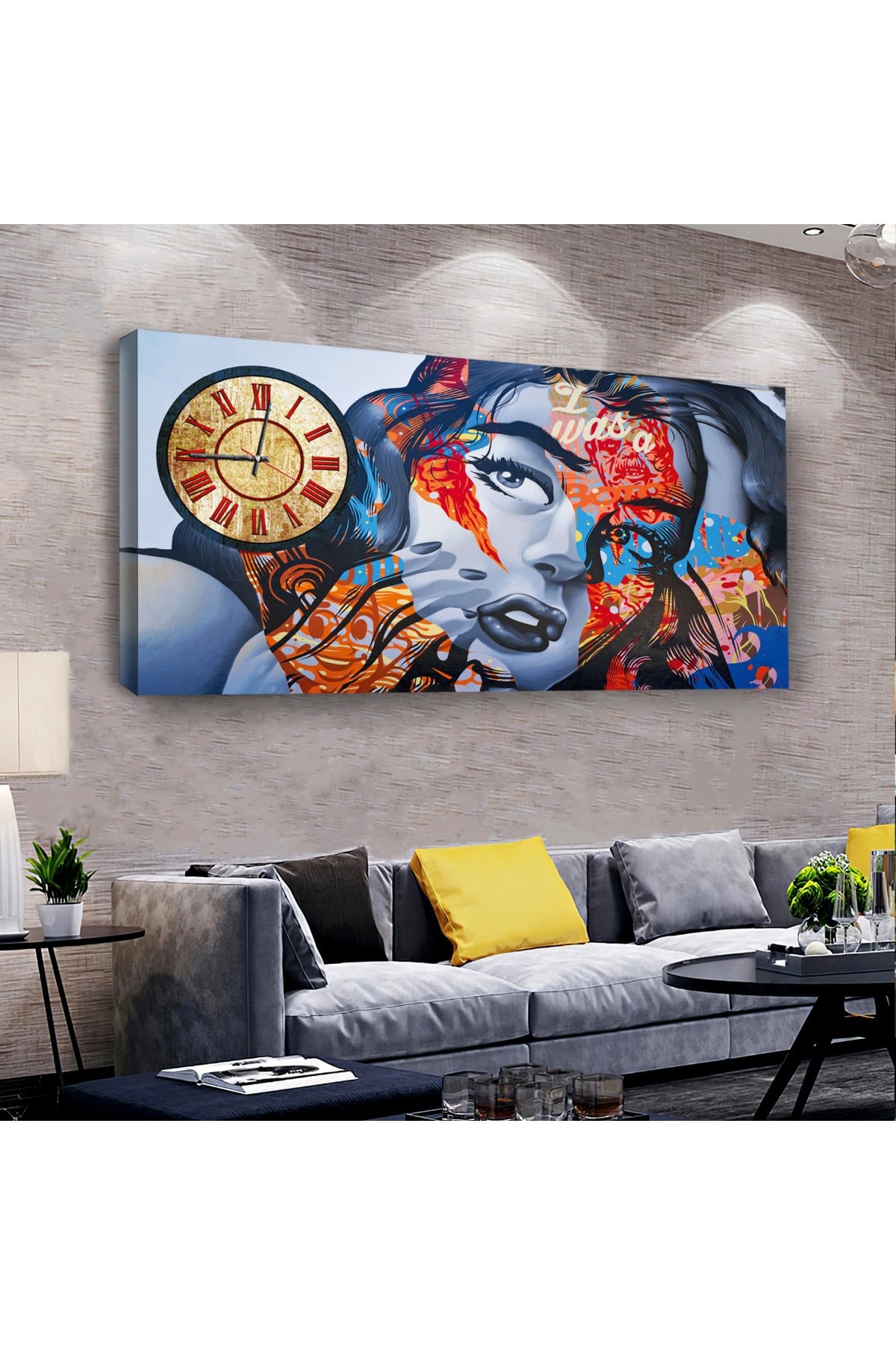Renkli Kız saatliAhşap Şase Dijital Baskı Kanvas Tablo 100X50Cm