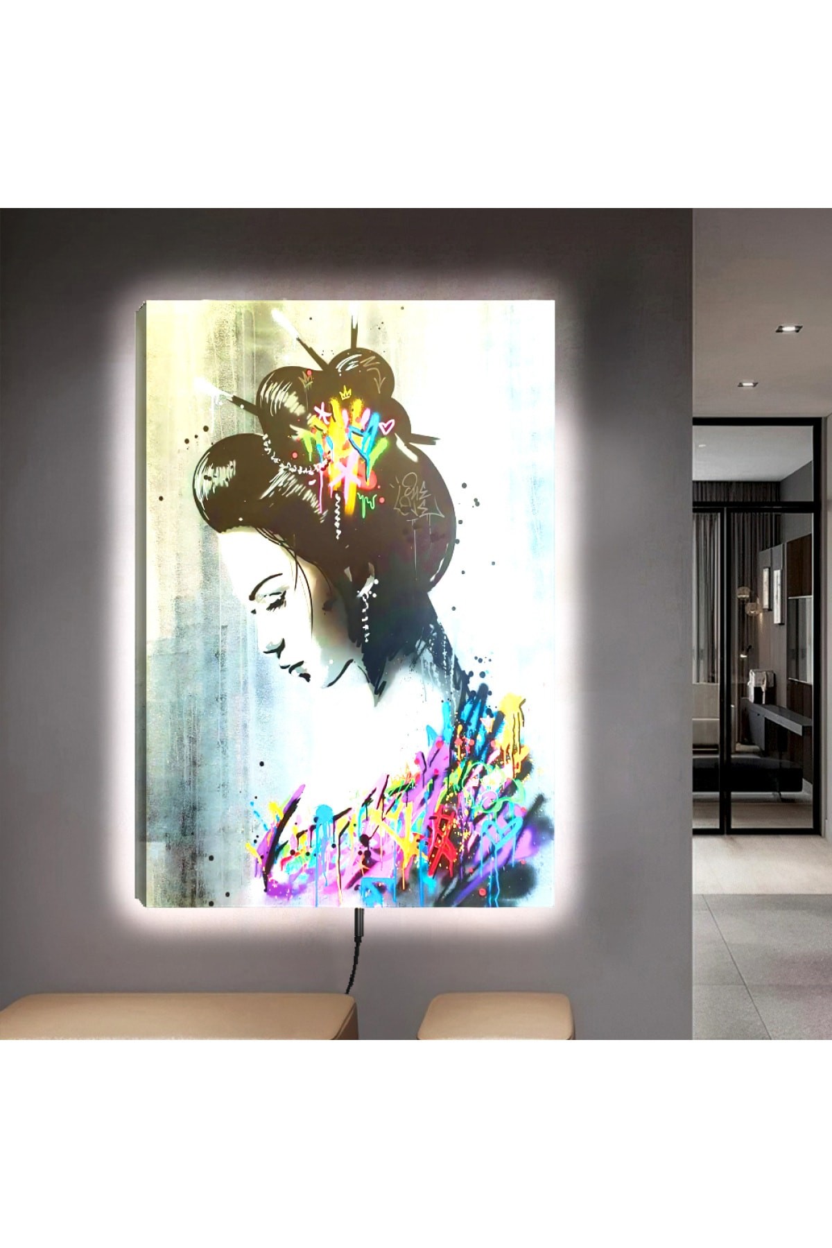 Ledli Uzak Doğulu Güzel Kız Ahşap Şase Dijital Baskı Kanvas Tablo 90X60Cm