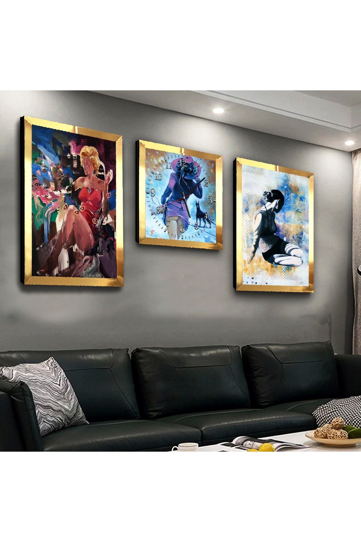 Gold Aynalı Pleksi Çerçeveli Marilyn Monroe Üçlü Mdf Tablo Seti Ve Saat Seti