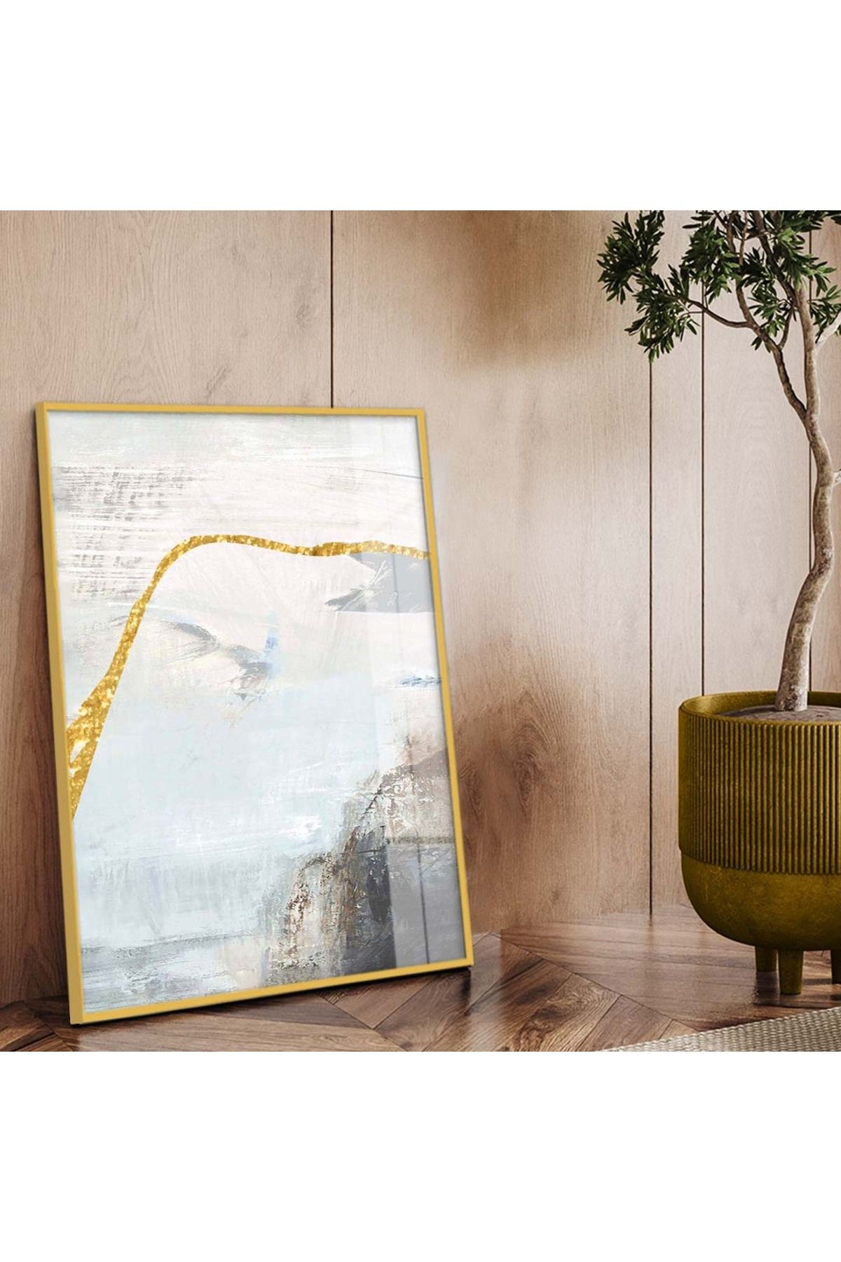 Gold Metal Çerçeveli Modern Çizim Soyut Tema Kırılmaz Cam Tablo