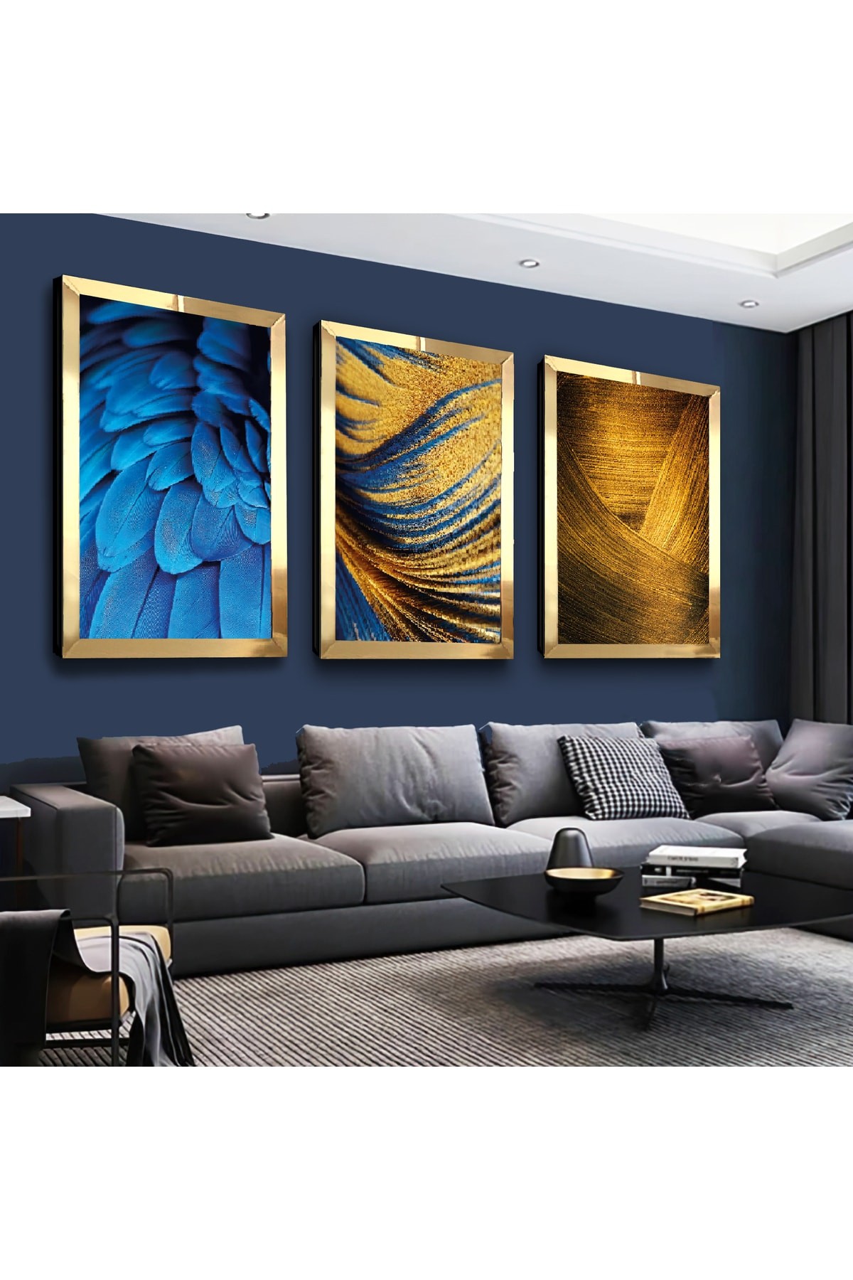Renkli Modern Gold Pleksi Kenar 3'Lü Solmaz MDF Tablo Seti
