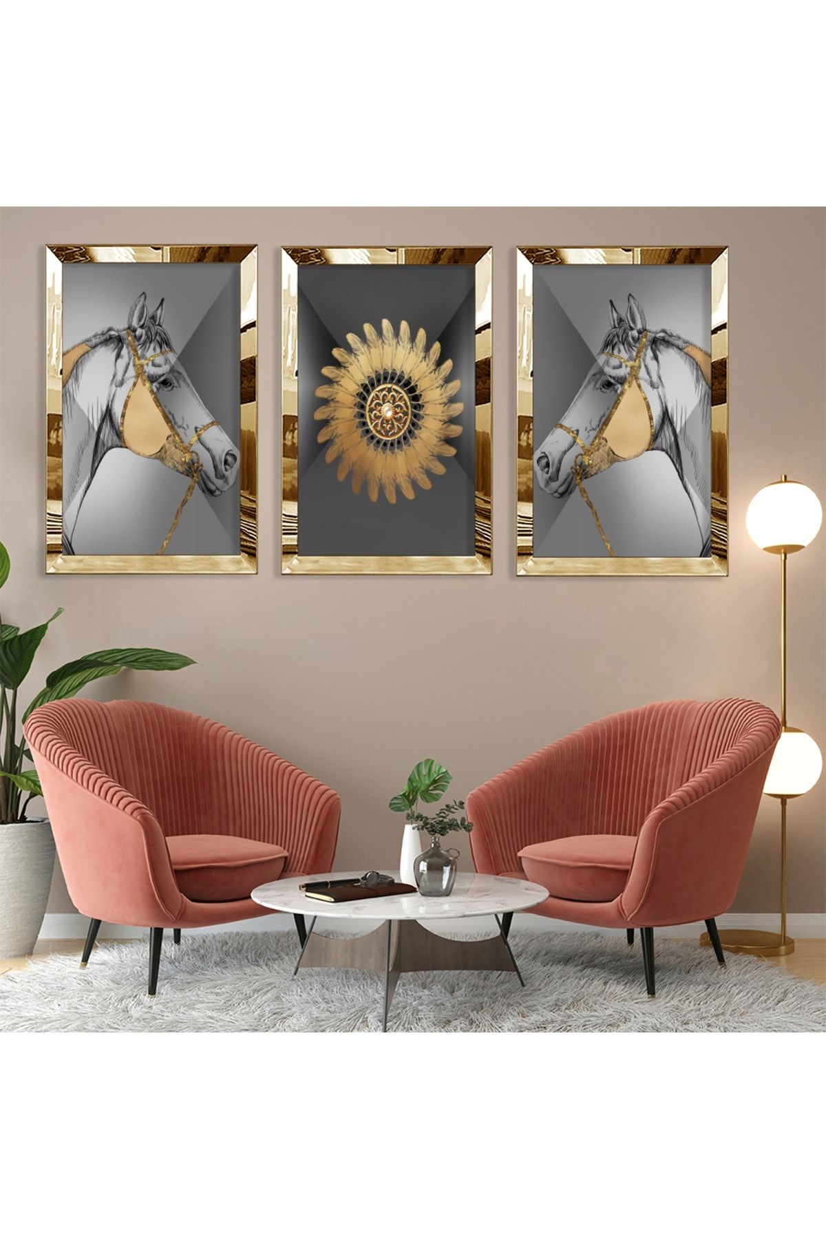 At Soyut Desen Gold Pleksi Kenar Üçlü Mdf Tablo Seti