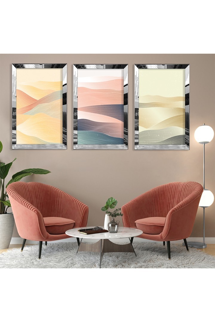 Soyut Desen Kum Gold Pleksi Kenar 3'Lü Solmaz MDF Tablo