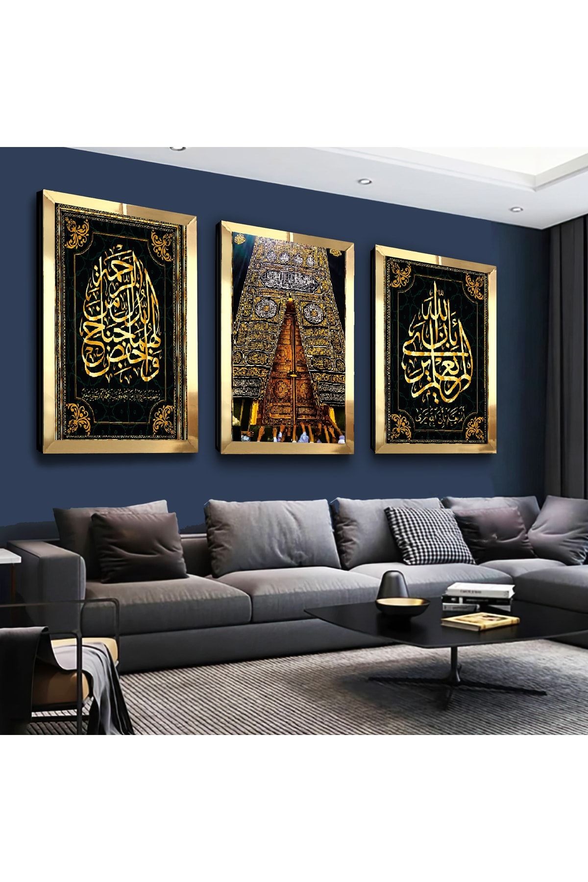 Gold Aynalı Pleksi Çerçeveli Kabe Kapısı Dini Üçlü Mdf Tablo Seti