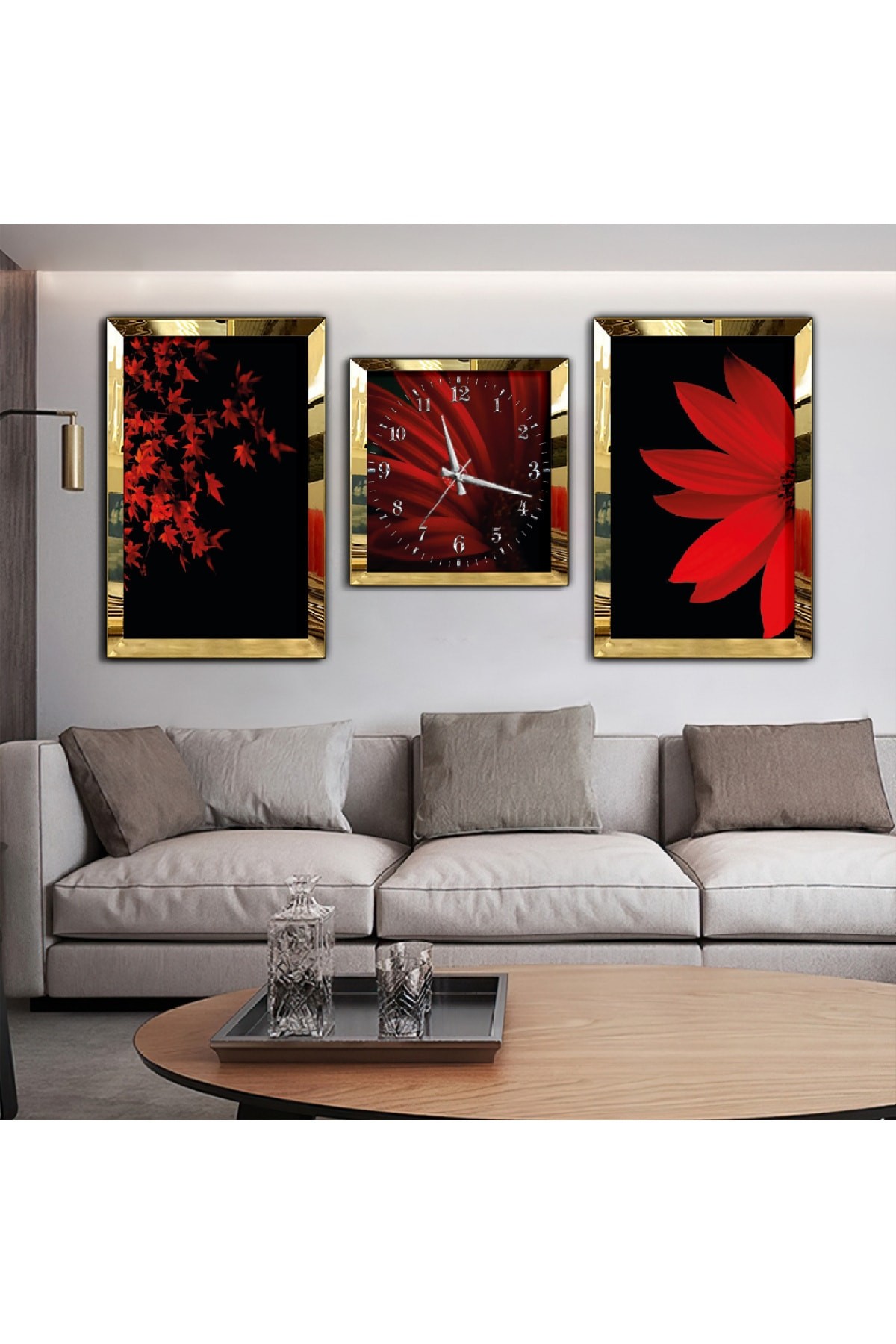 Kırmızı Çiçek Aynalı Gold Pleksi Çerçeveli Solmaz MDF Tablo Ve Saat Seti
