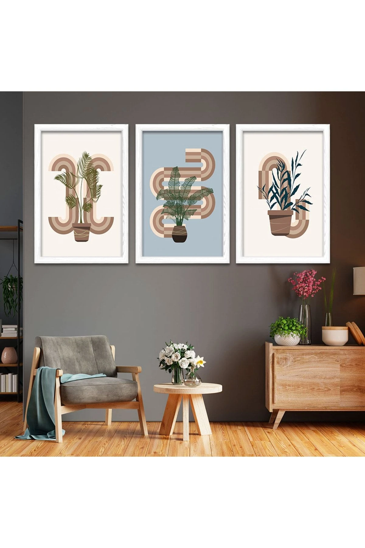 Beyaz Ahşap Çerçeveli Kolaj Çizim Modern Tablo