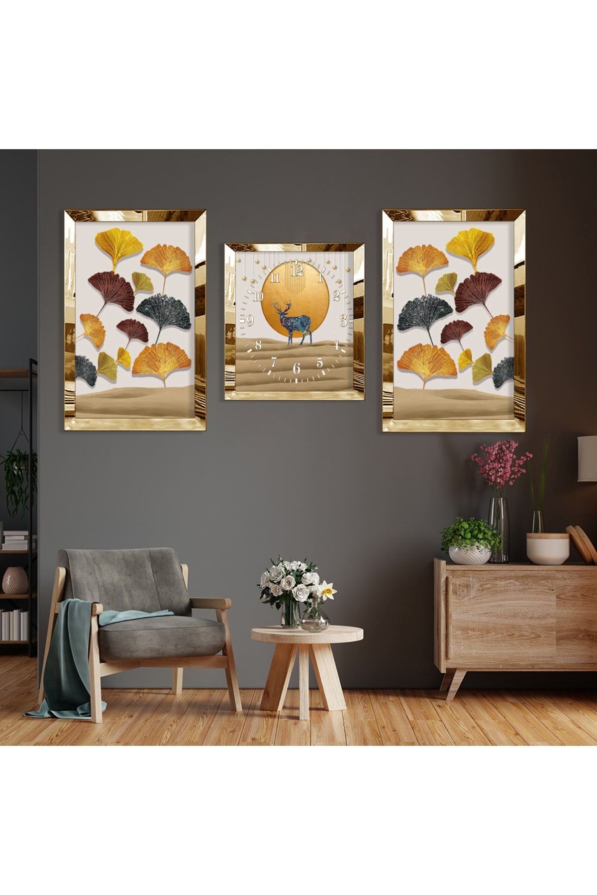 Geyik Soyut Desen Gold Pleksi Kenar Üçlü Mdf Tablo Seti Ve Saat Seti