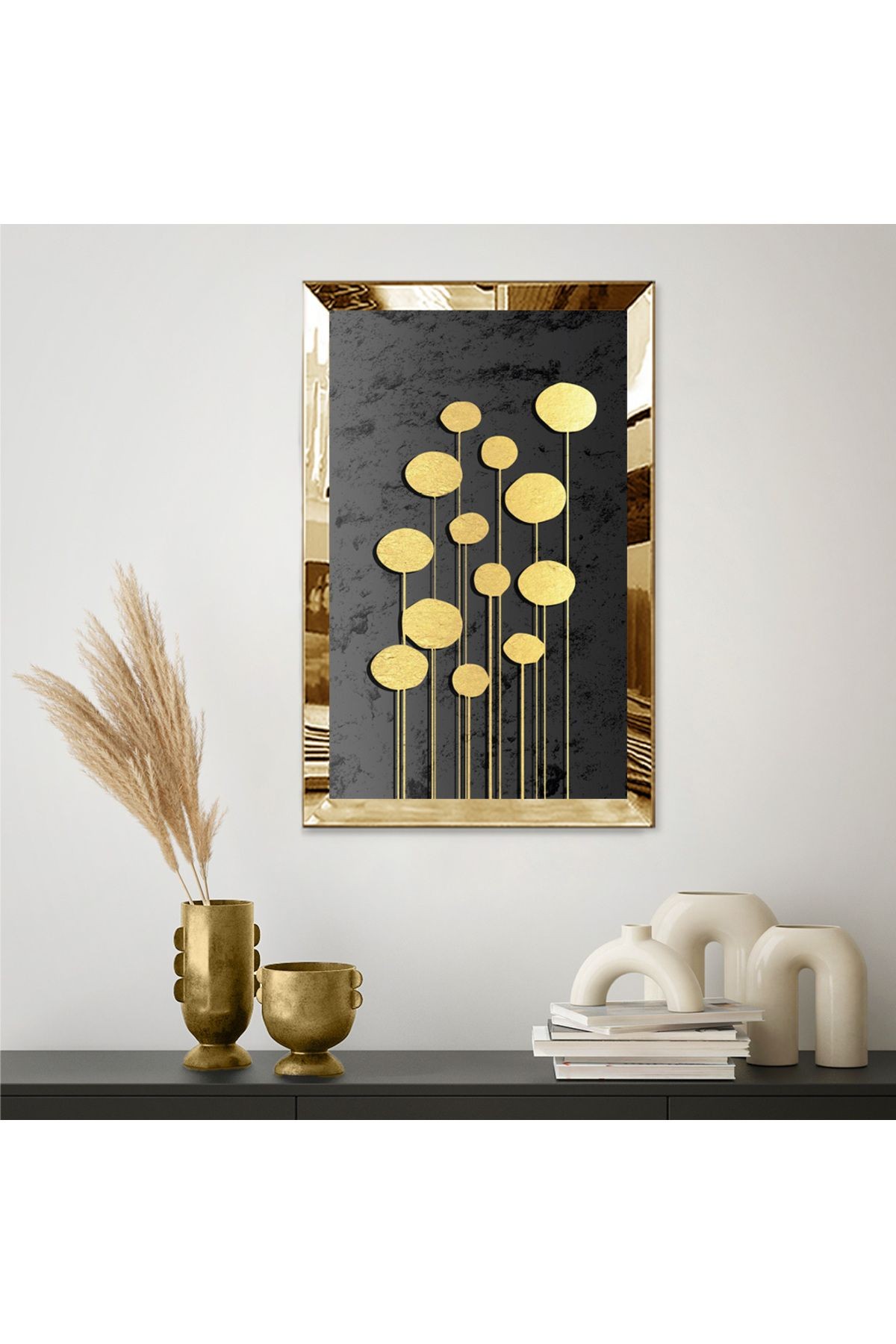 Gold Aynalı Pleksi Çerçeveli Modern Altın Renkli Çiçekler Mdf Tablo