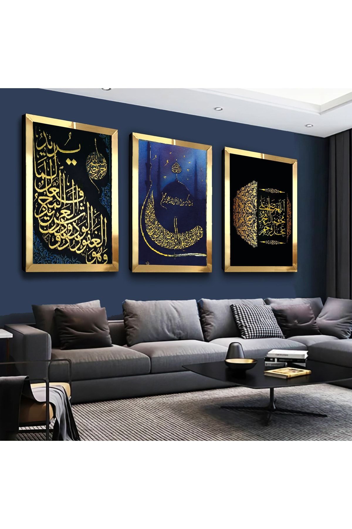 Gold Aynalı Pleksi Çerçeveli Aşk-ı Menzil Cami Üçlü Mdf Tablo Seti
