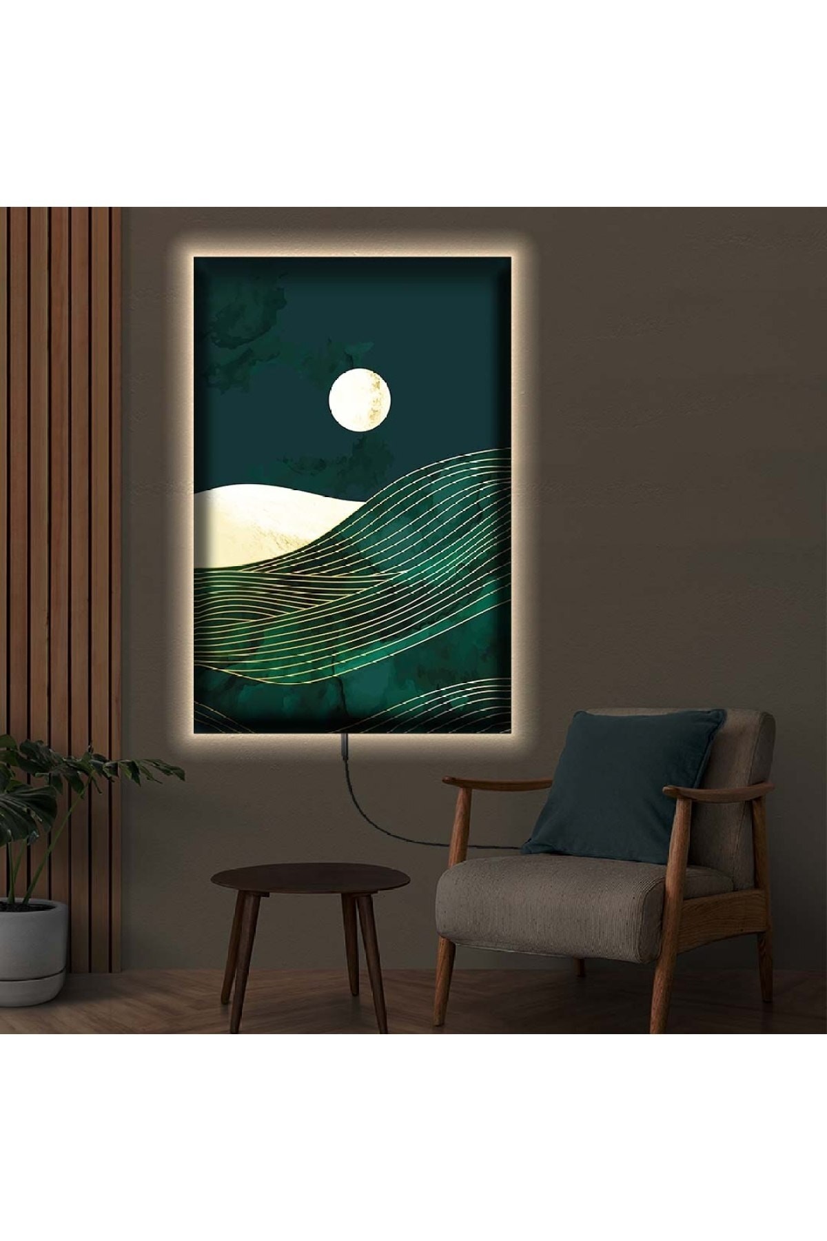 Sanatsal Ledli Kolaj Çizim Dağ Ahşap Şase Dijital Baskı Kanvas Tablo 50X70Cm