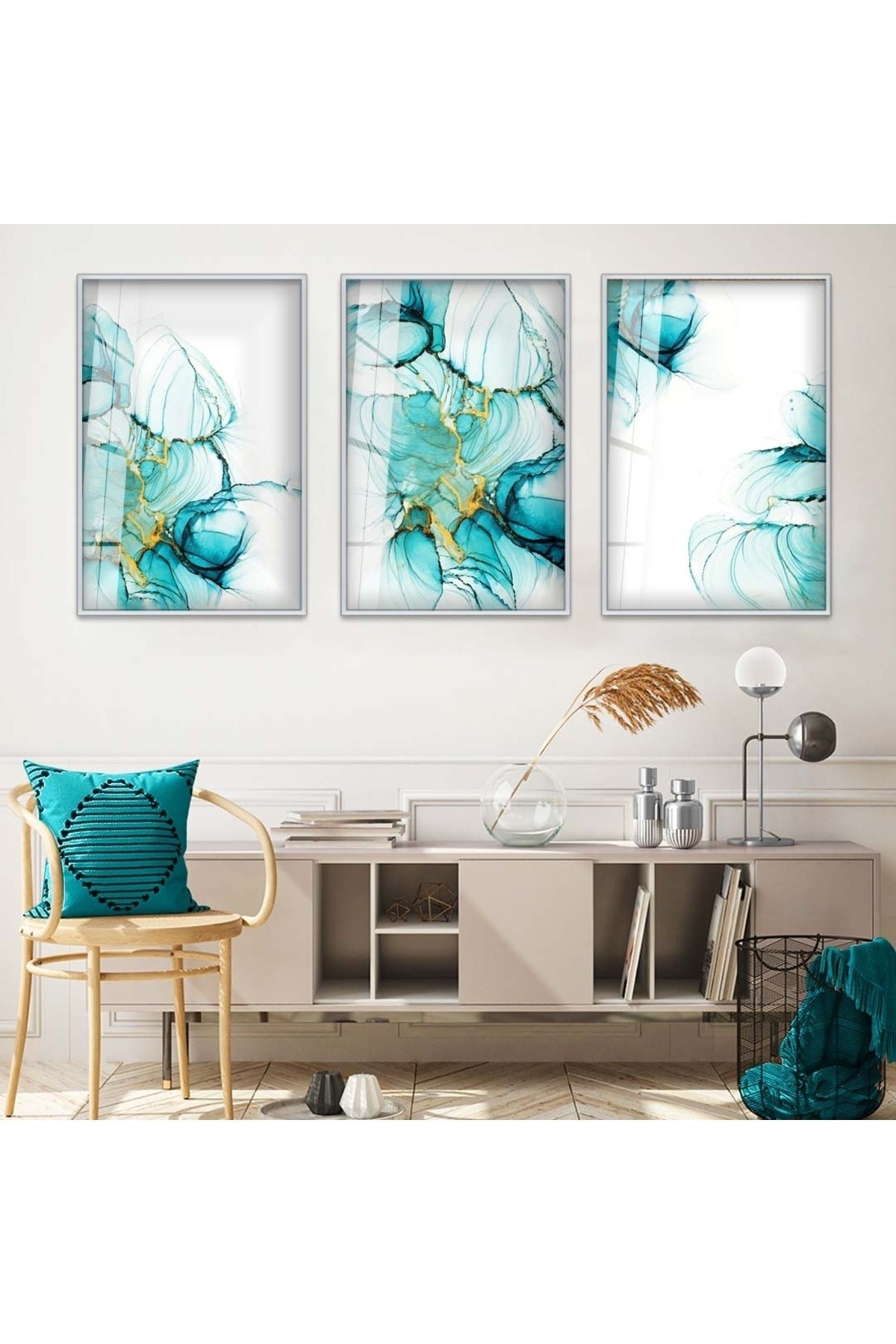 Modern Tablo Soyut 3'Lü Metal Çerçeveli UV Baskı Kırılmaz Cam Tablo Seti