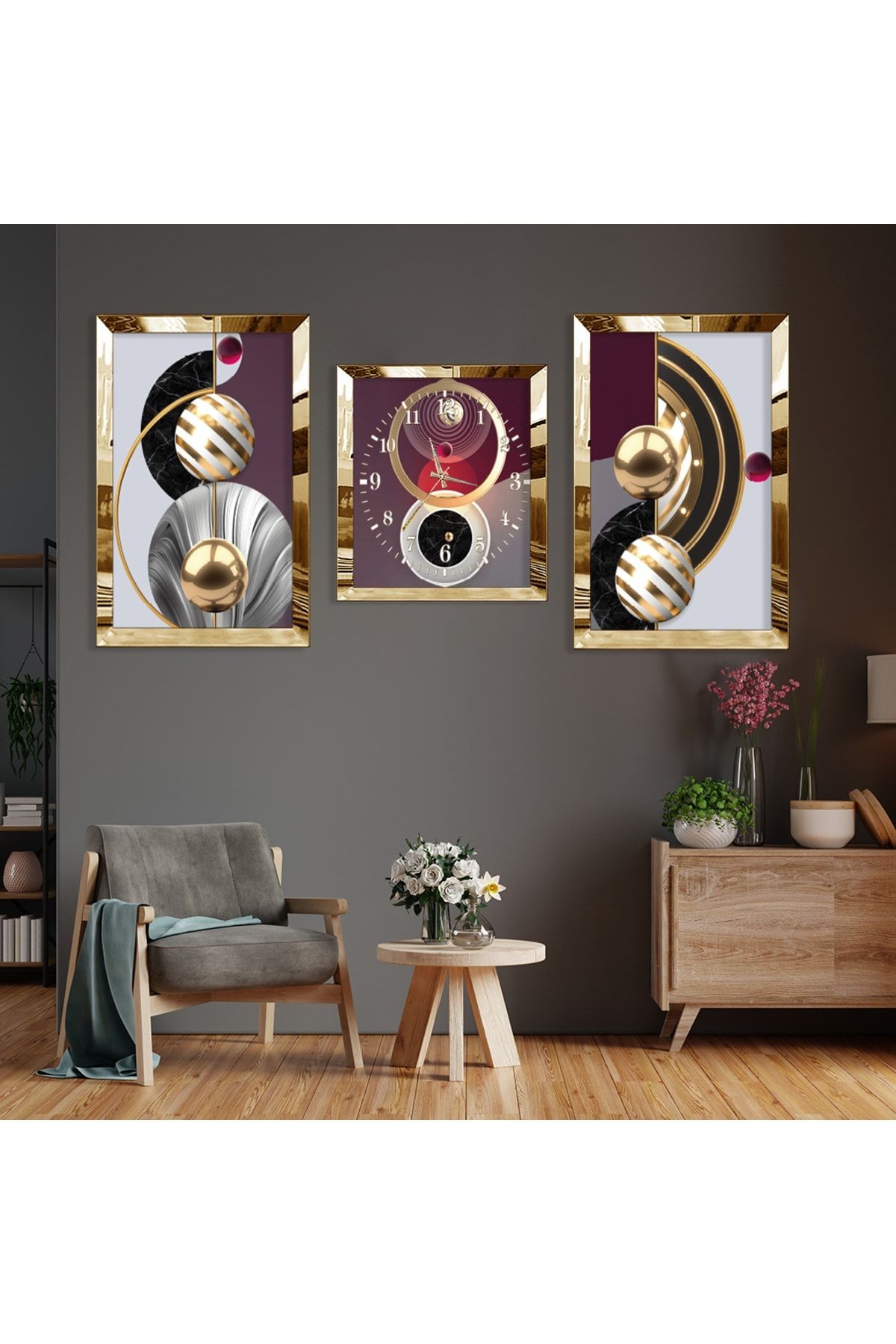 Soyut Desen Gold Pleksi Kenar Üçlü Mdf Tablo Seti Ve Saat Seti