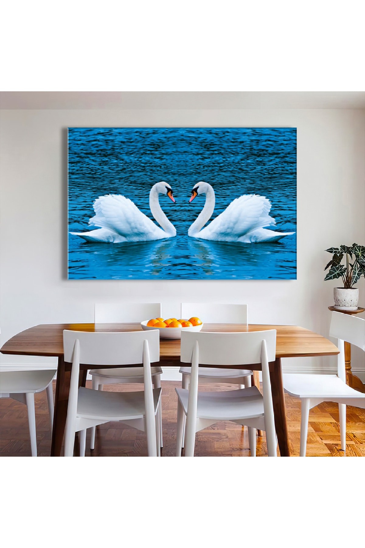 Aşk Kuğuları Ahşap Şase Dijital Baskı Kanvas Tablo 120X80Cm