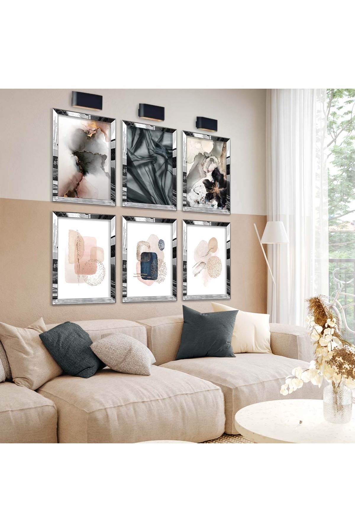 Oturma Odası Tablosu Soyut Tema Modern Çizim 6'Lı Pleksi Kenar MDF Tablo Seti