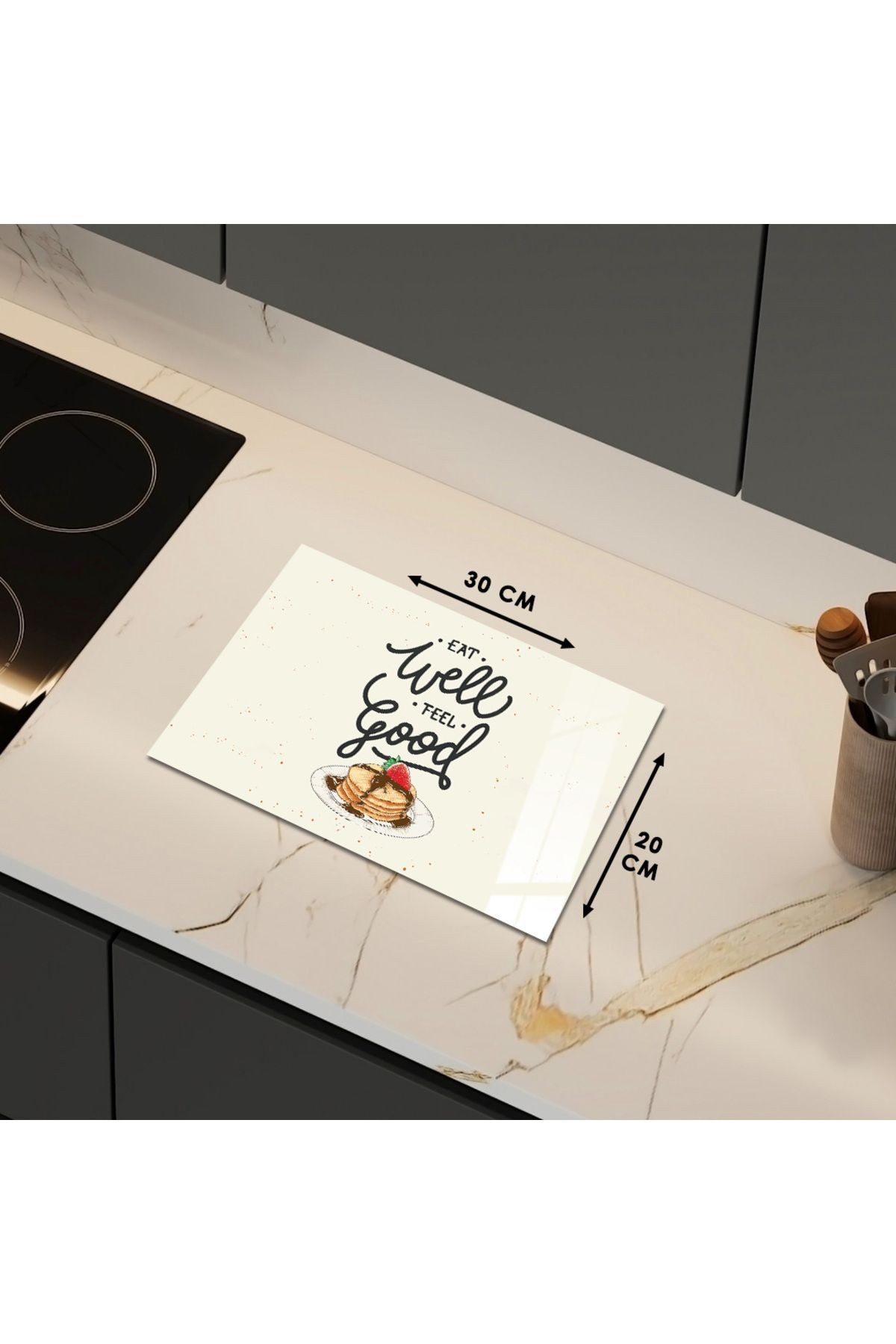 Cam Kesme Tahtası Krem Arka Planlı Pankek Çizimli Yazılı