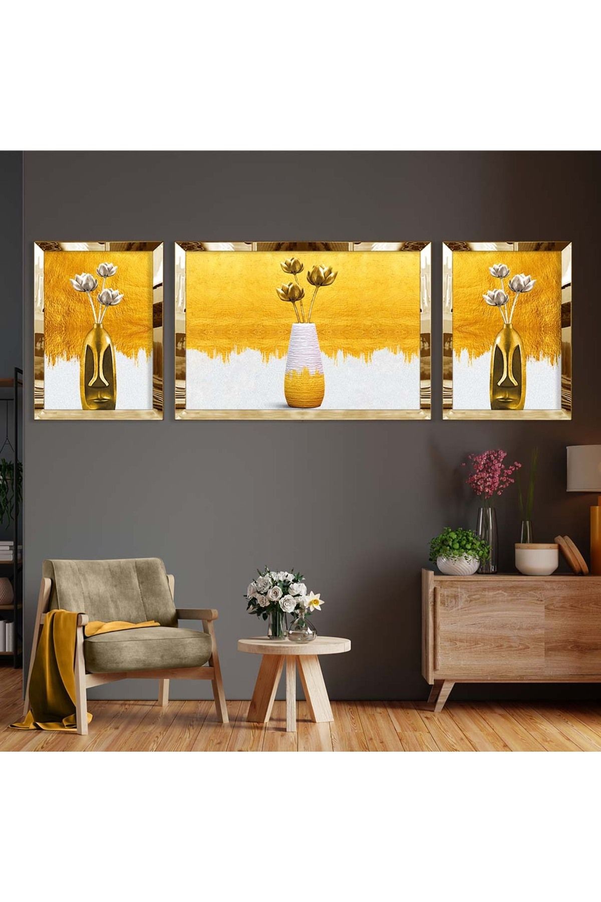 Gold Aynalı Pleksi Çerçeveli Üçlü Beyaz Arka Planlı Vazo Desenli Mdf Tablo Seti