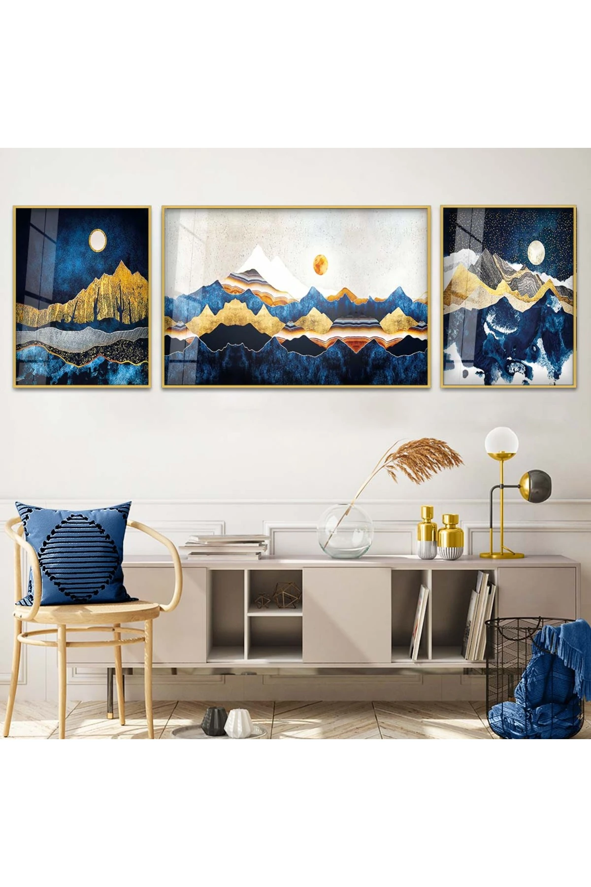 Tasarım Kolaj Çizim Dağ Manzara 3'Lü Metal Çerçeveli UV Baskı Kırılmaz Cam Tablo