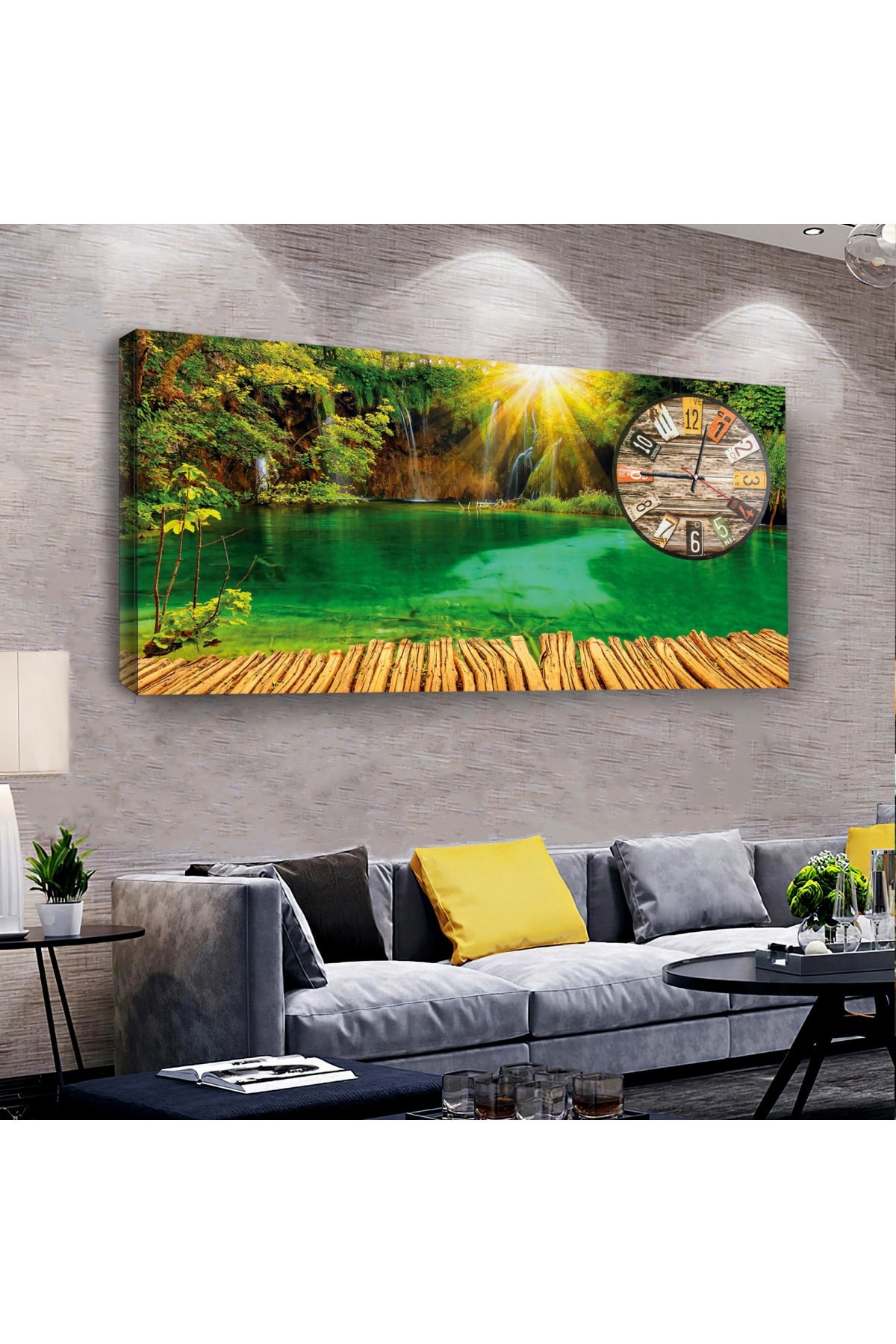 Nehir Kenarı Manzara saatliAhşap Şase Dijital Baskı Kanvas Tablo 120X60Cm