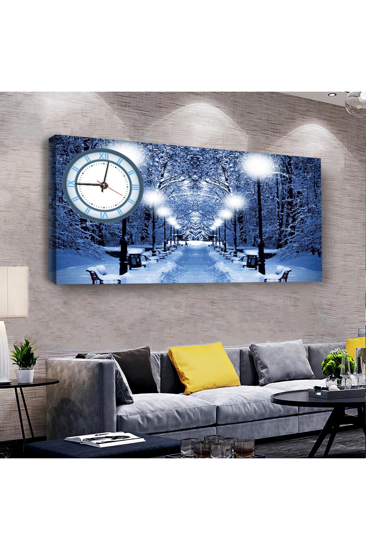 Modern Kış Manzara saatliAhşap Şase Dijital Baskı Kanvas Tablo 100X50Cm